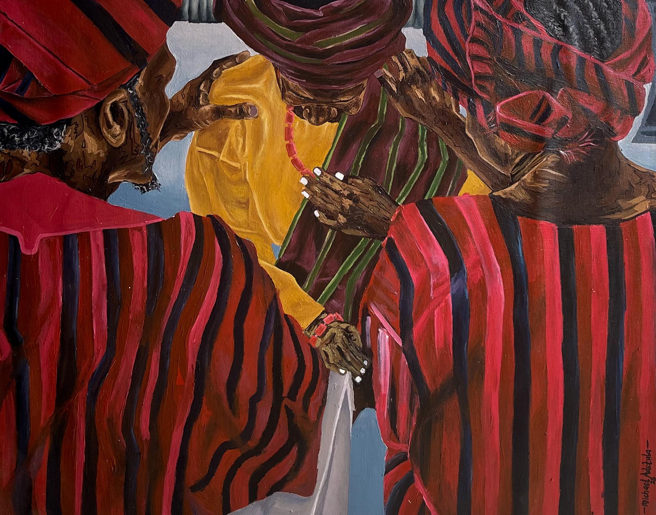 Remarkable Day 1 -21st Century Contemporary, Figurative, Couple Marriage Culture - Conceptual Painting by Michael Adetula