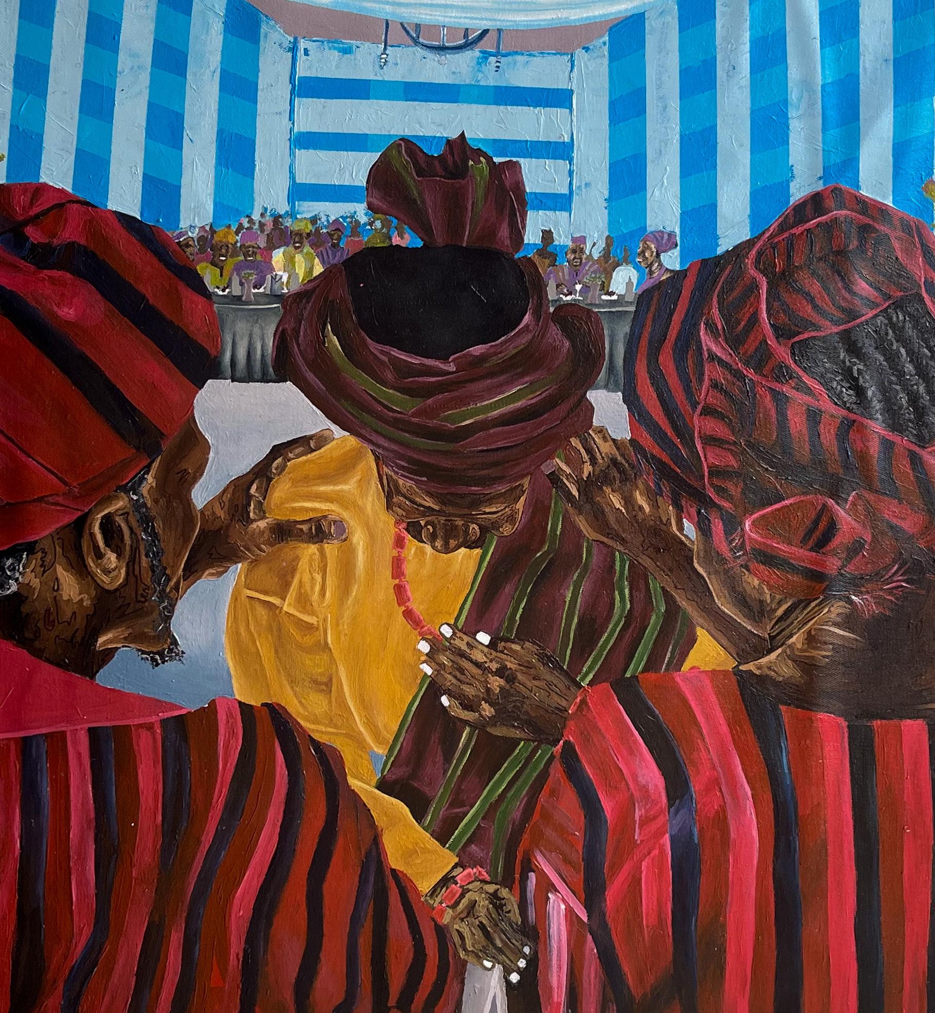 Remarkable Day 1 -21st Century Contemporary, Figurative, Couple Marriage Culture - Black Figurative Painting by Michael Adetula
