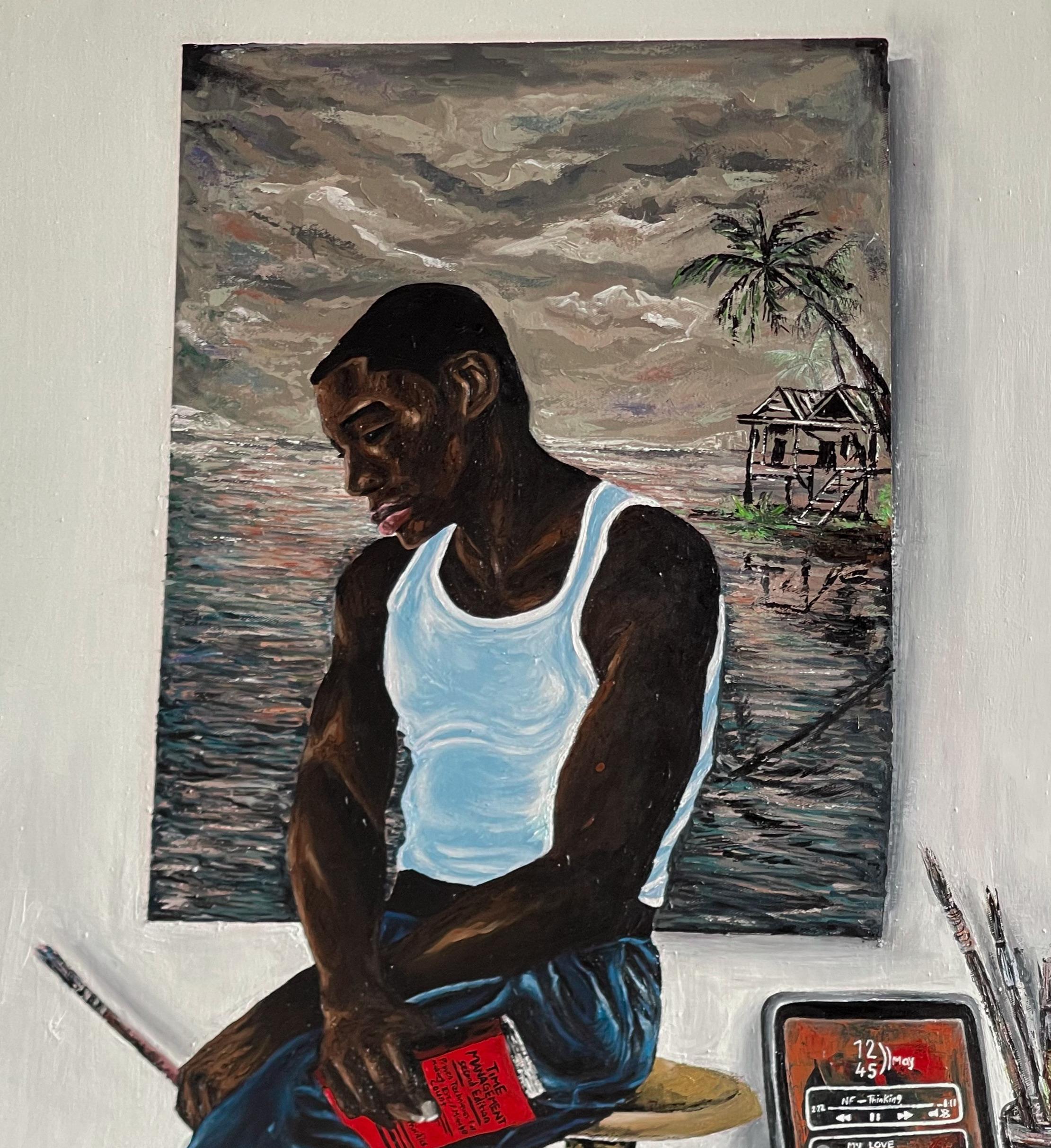 Humor de soledad -Siglo XXI Contemporáneo, Retrato figurativo, Artista, Moderno - Figurative Painting Gris de Michael Adetula