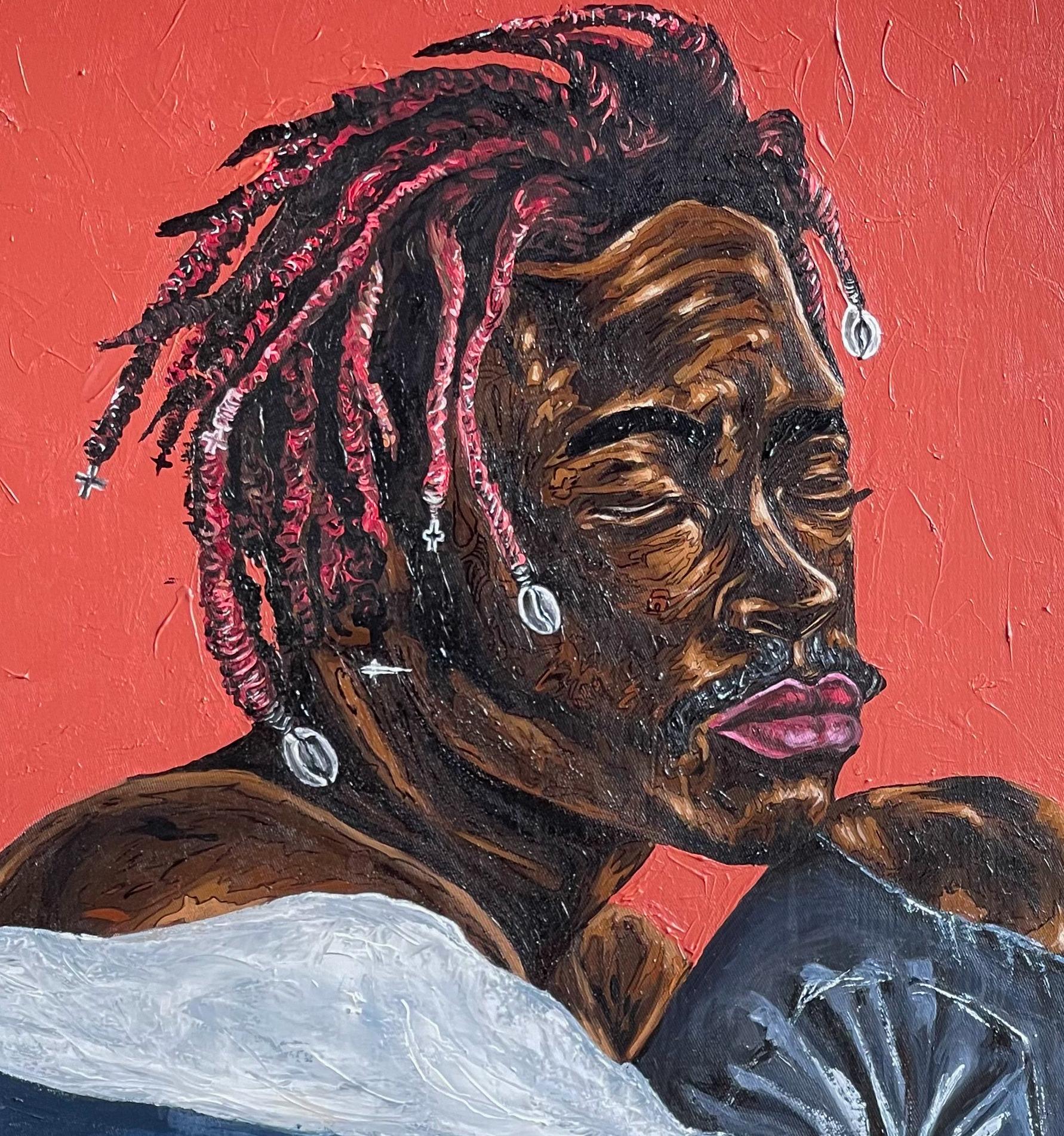 Abbraccio di solitudine - 21° Secolo Contemporaneo, Figurativo, Ritratto, Moderno - Portrait Painting Rosa di Michael Adetula