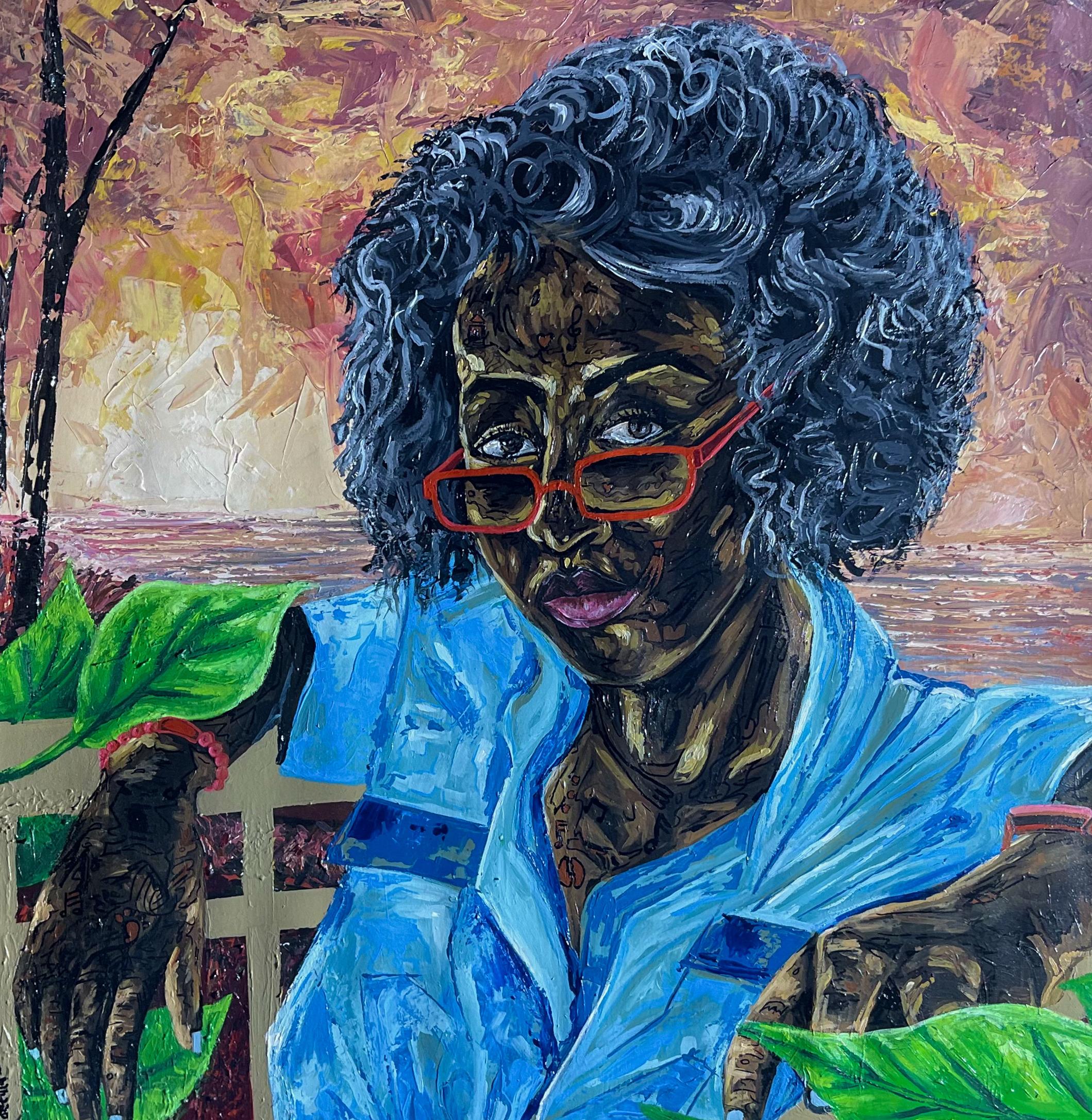 Timeless Reflection - 21st Century Contemporary, Figurative, Portrait, Modern - Blue Figurative Painting by Michael Adetula