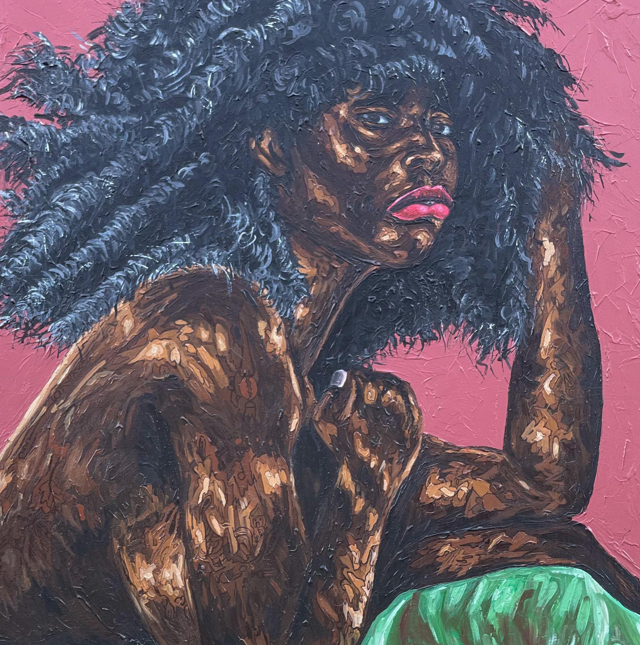 Unraveling - 21st Century Contemporary, Ritratto figurativo, Donna, Moderno - Figurative Painting Grigio di Michael Adetula