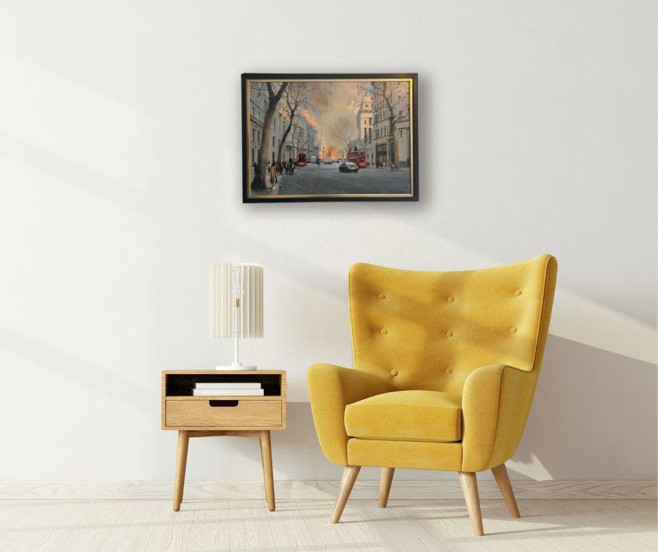 This exceptional artwork is currently on display and available for sale at Signet Contemporary Art Gallery and online.

“Aldwych, Towards St Clement’s Danes” is a masterclass in atmospheric light and architectural grace. The painting opens onto a