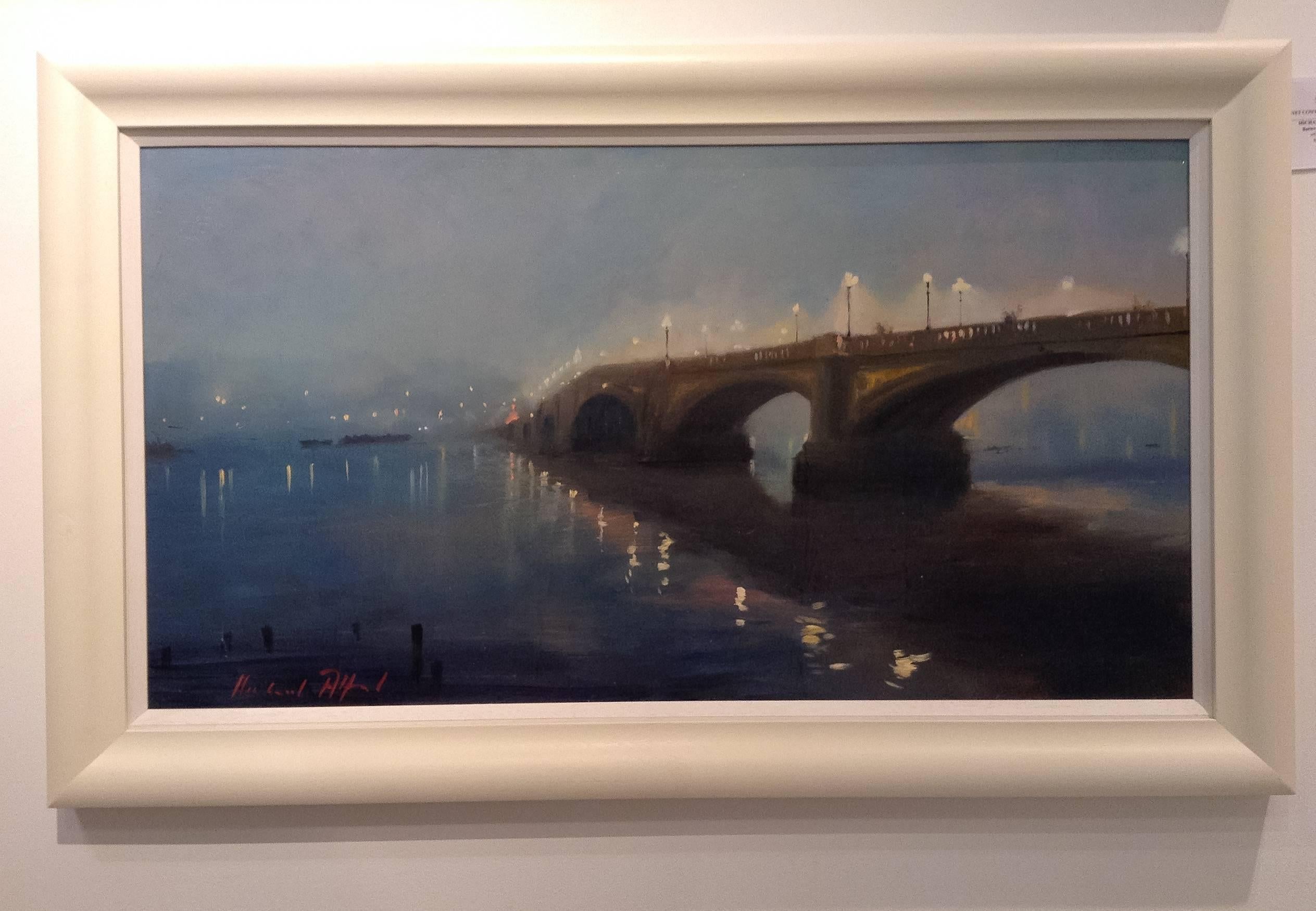 The original city landscape painting by Michael Alford is framed and ready to be displayed. The artist has incorporated a hazy background that successfully sets the scene of a misty evening by the river. 

 Michael’s varied body of work reflects his