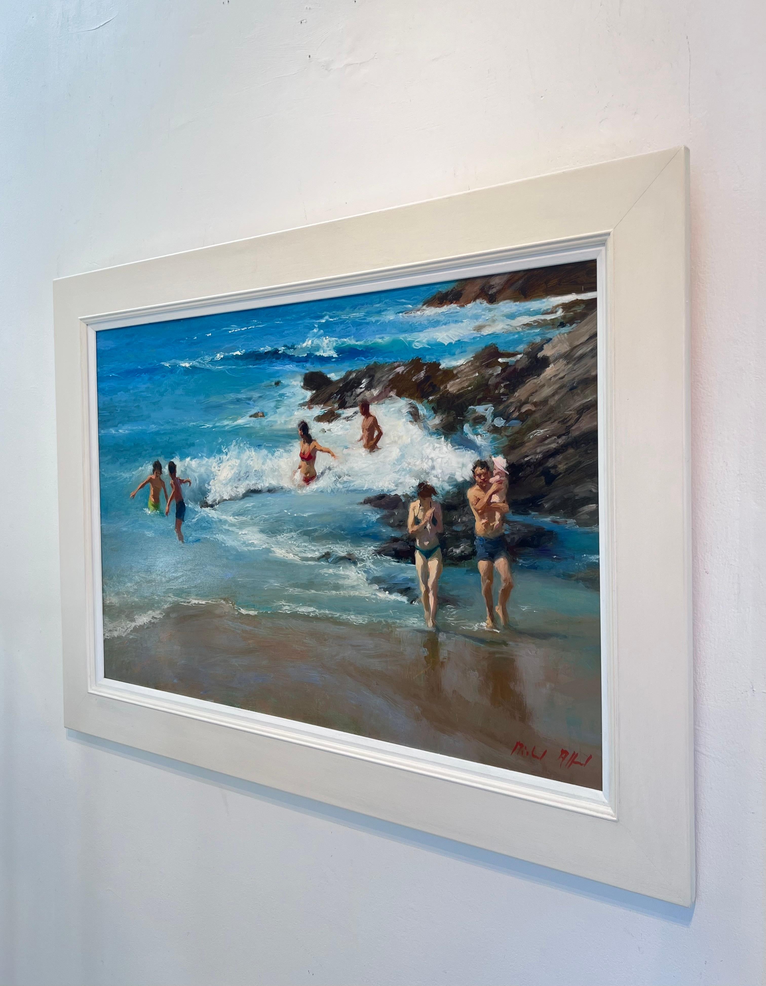 Breaking Surf-original contemporary impressionism figurative seascape painting - Gray Landscape Painting by Michael Alford