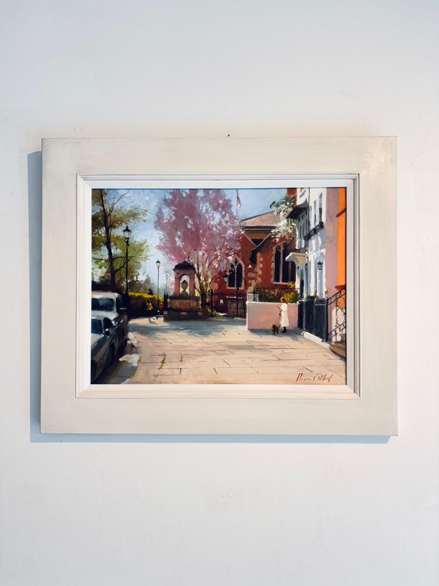 Cheyne Walk-original impressionism cityscape oil painting-contemporary Art - Gray Landscape Painting by Michael Alford