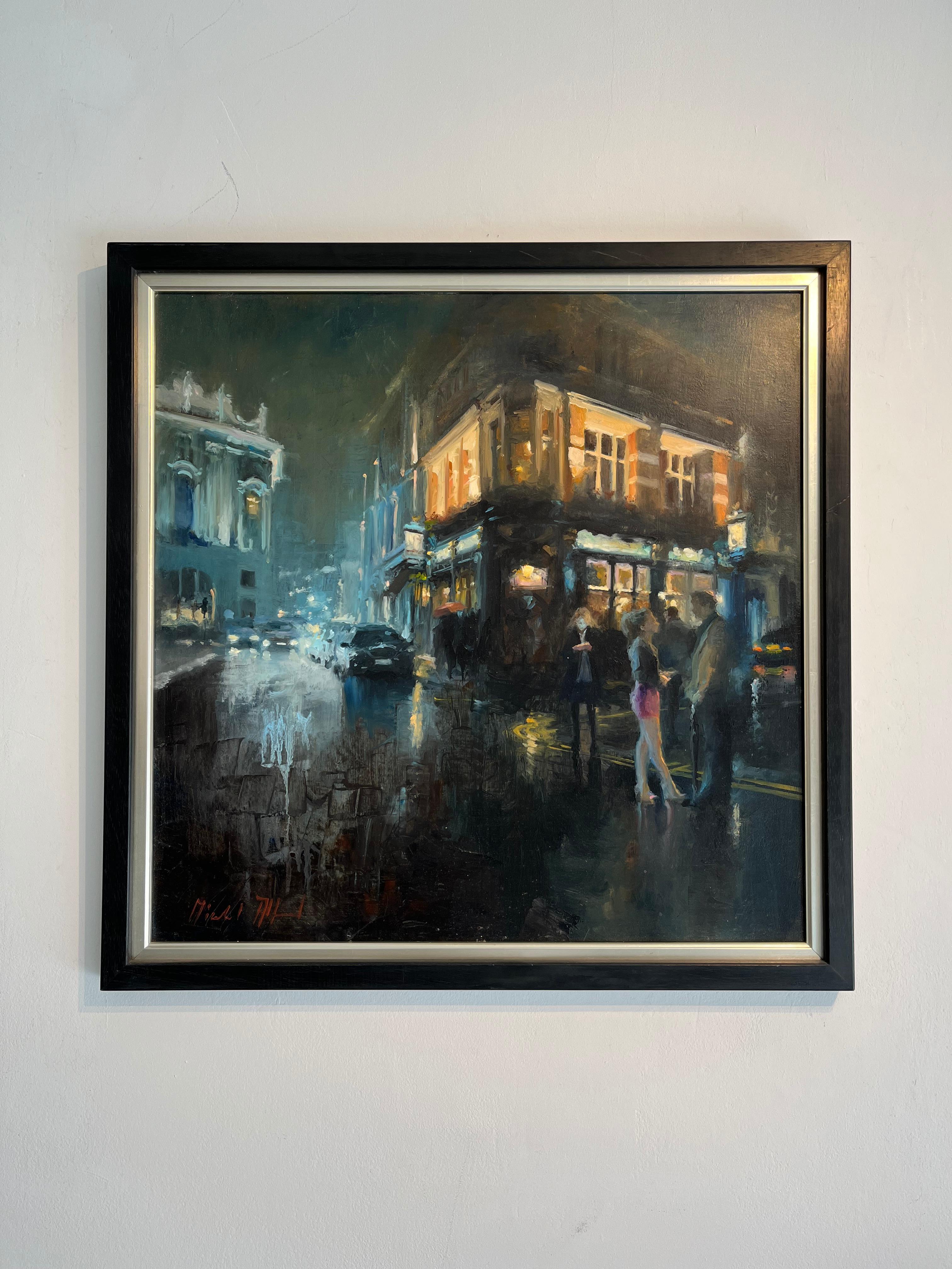 If on a Winters Night I-original impressionism London cityscape oil painting-Art - Painting by Michael Alford