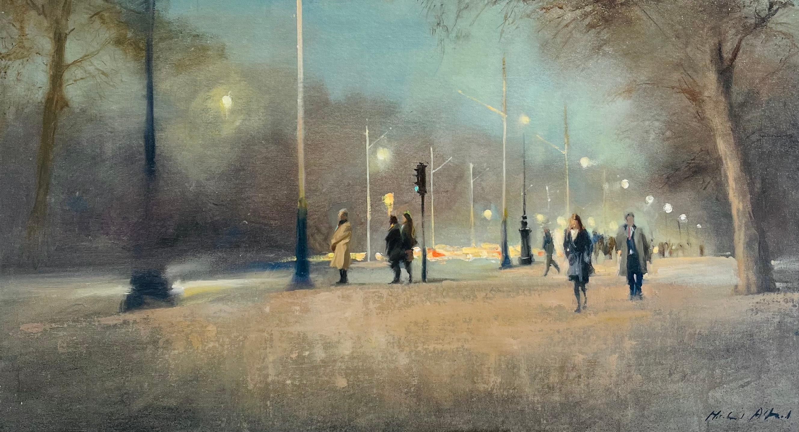 Centro commerciale, sera d'inverno - impressionismo originale - paesaggio urbano di Londra - pittura ad olio - arte