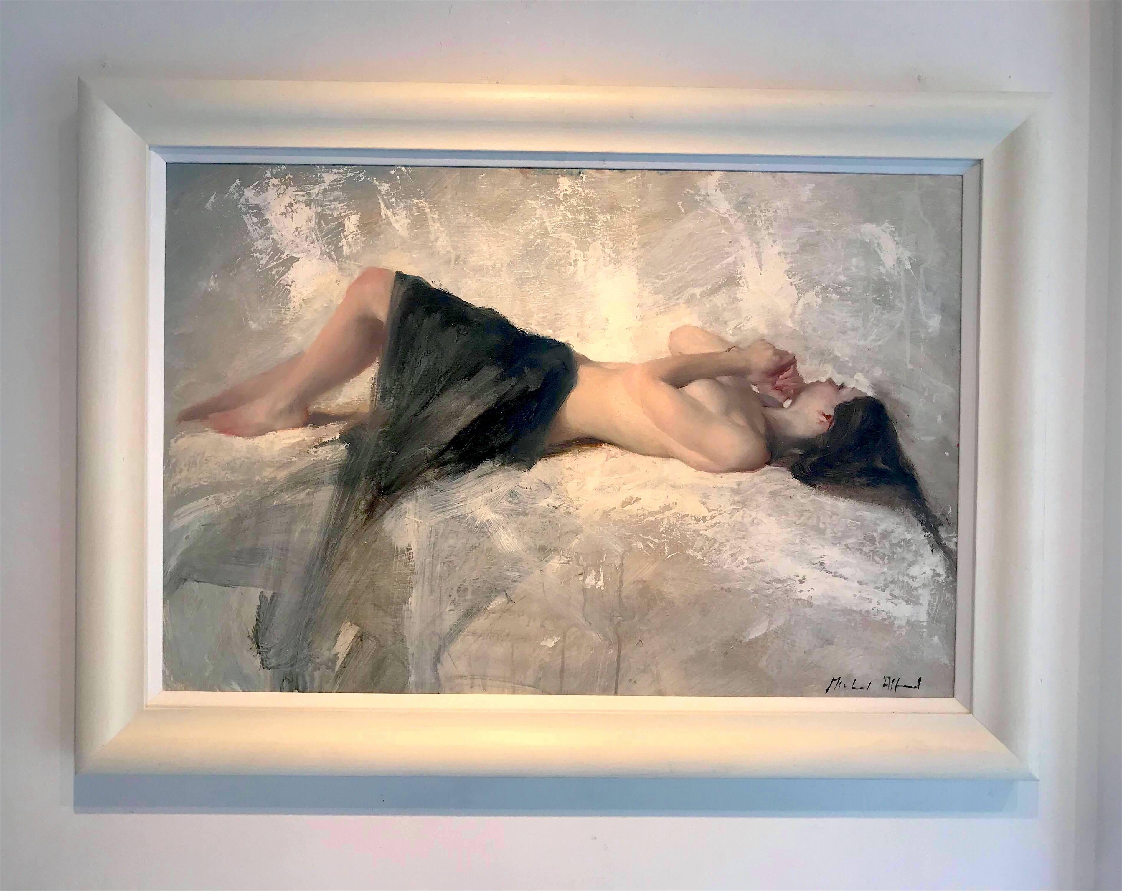 The original nude painting by Michael Alford is framed and ready to be displayed. Although a predominantly white background, the artist has used different consistencies of paint to give the painting a variety of interesting surface textures.
 
More