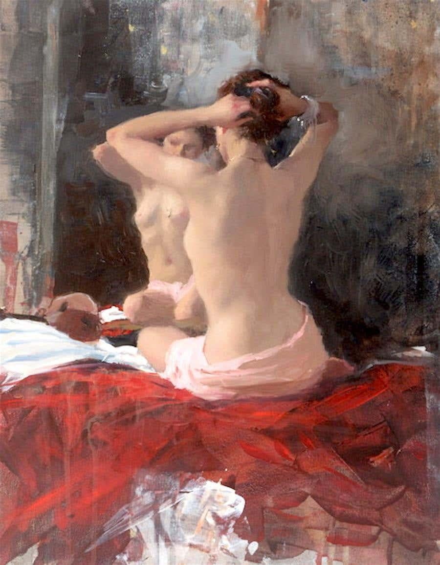 Michael Alford Figurative Painting - Nude, Reflection - original impressionist female figure study - contemporary art