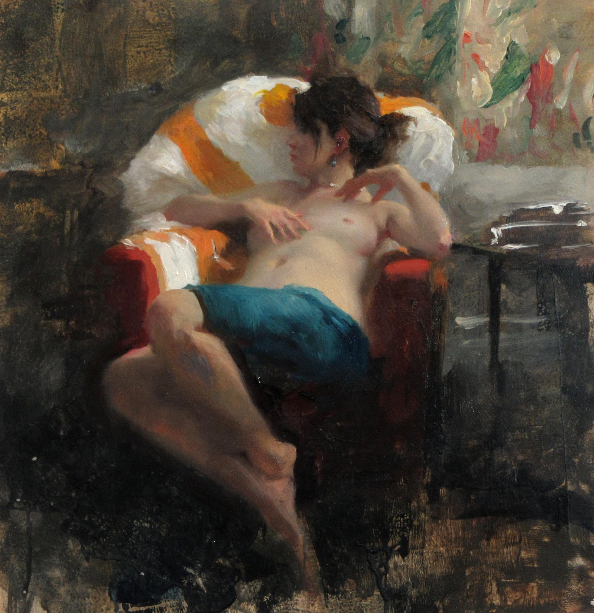 Michael Alford Nude Painting - Nude Seated in Red Chair, Cashmere Shawl