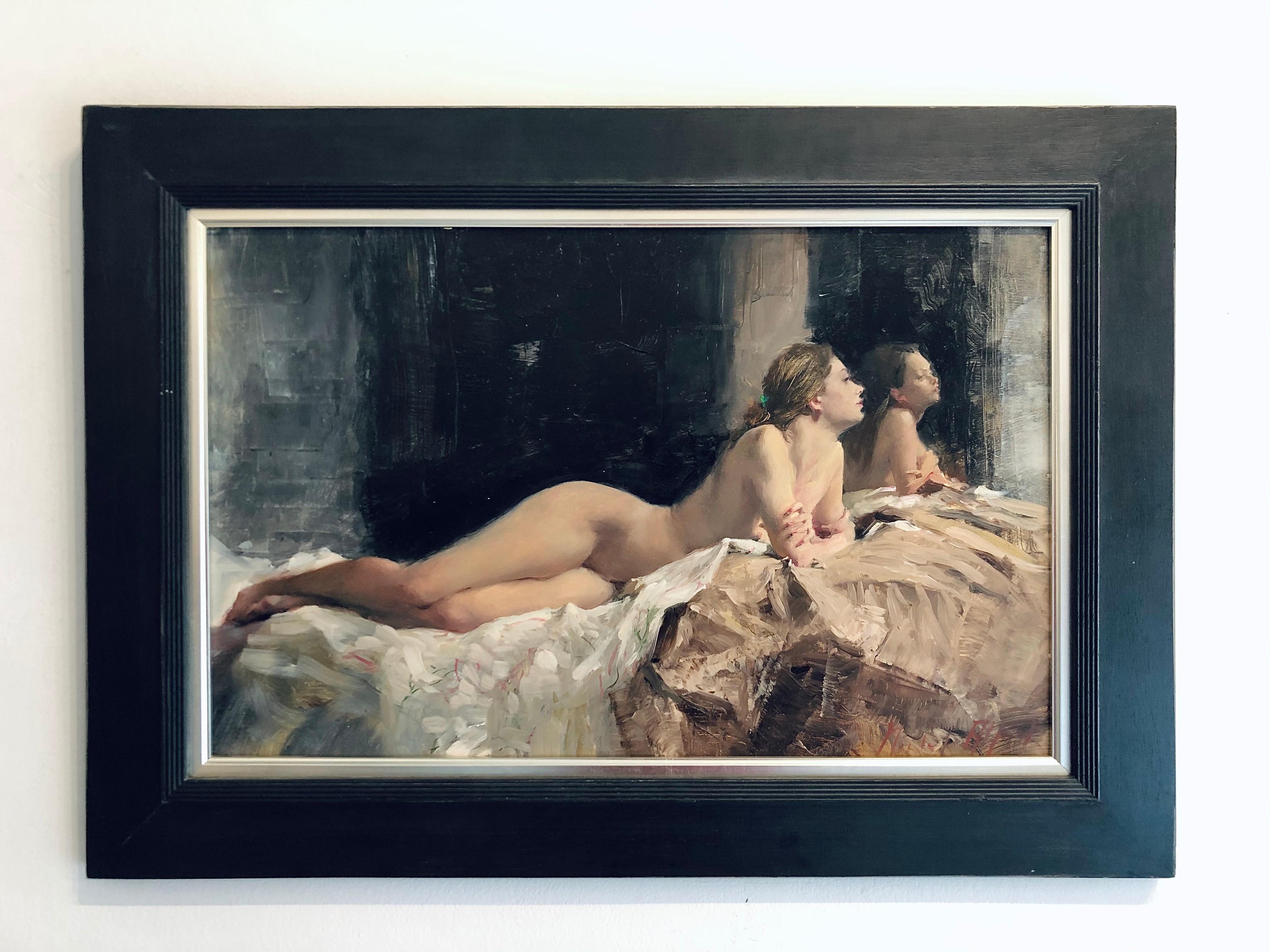 Nude, Taffeta - figurative female nude painting classic modern realism artwork - Painting by Michael Alford