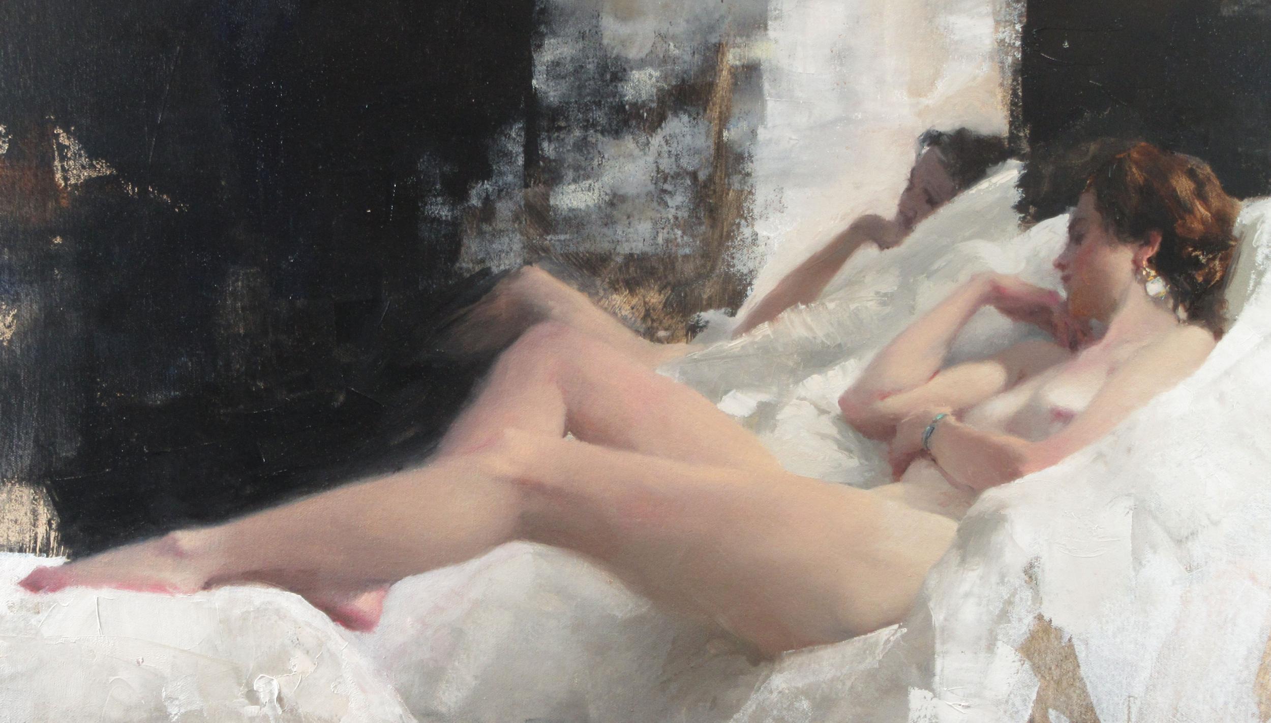Nude/White Linen 2 - Painting by Michael Alford