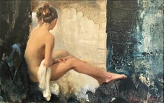 Nude, White Linen - figurative female portrait oil painting contemporary artwork