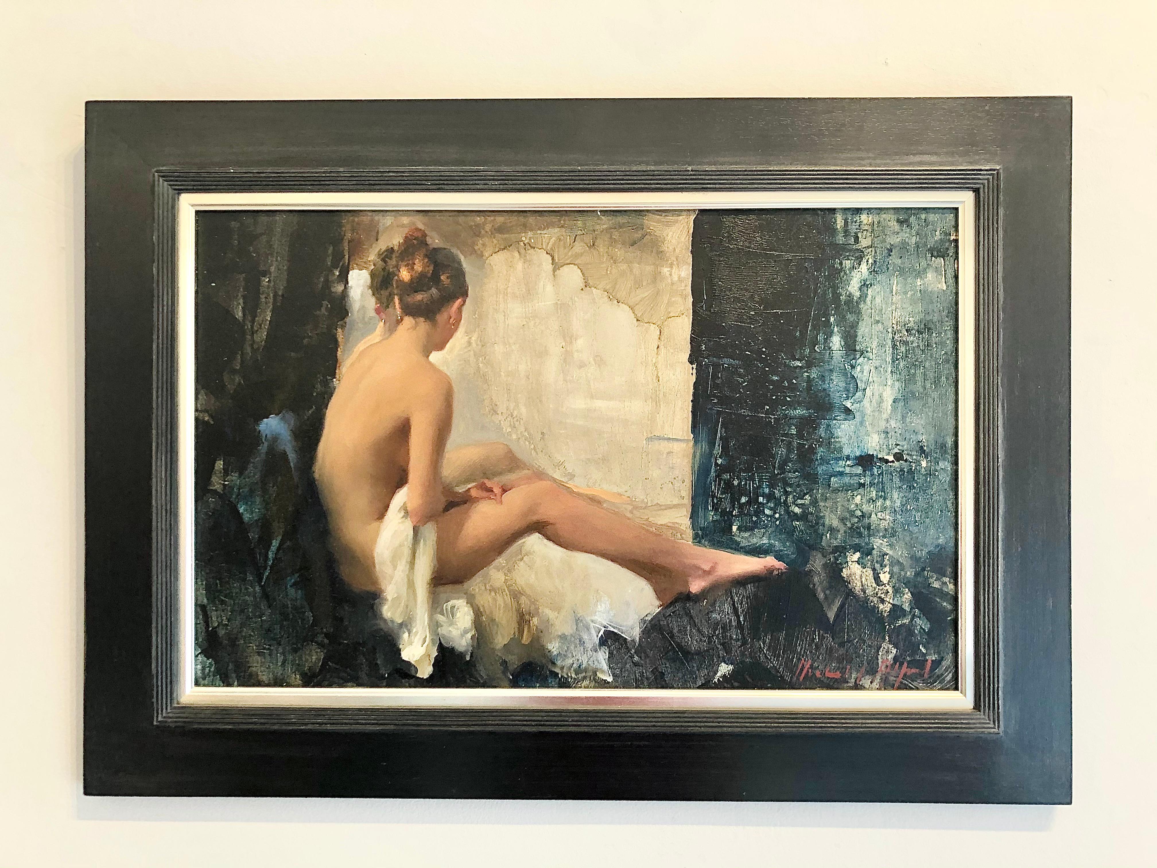 Nude, White Linen - human figure portraiture oil painting modern impressionsim - Painting by Michael Alford