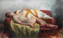 Nude with Striped Orange Drape - female figure nude painting Contemporary Art