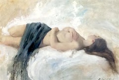 Original Nude Blue Linen Painting