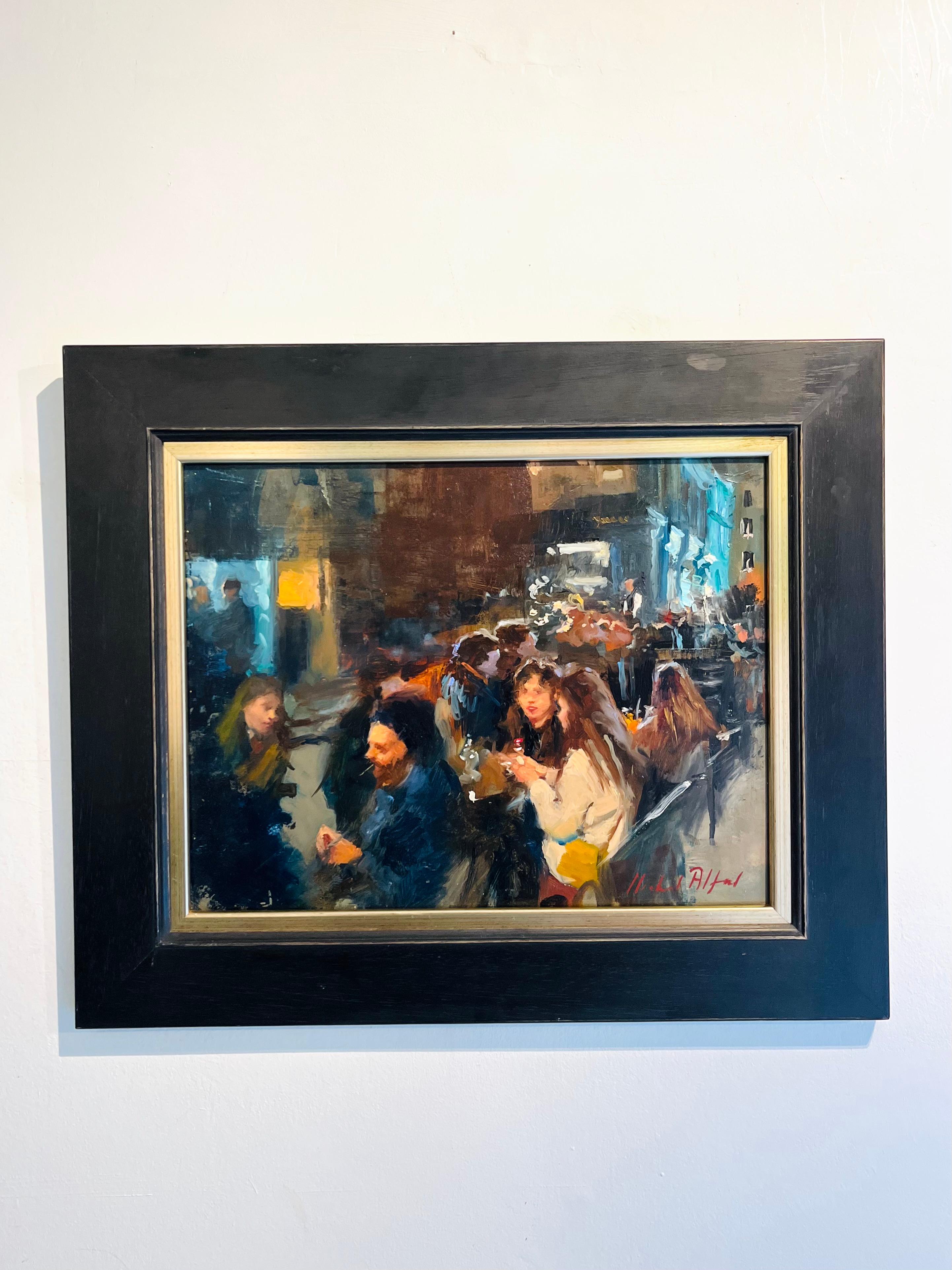 Outside Dining, West End-original impressionism figurative cityscape painting  - Painting by Michael Alford