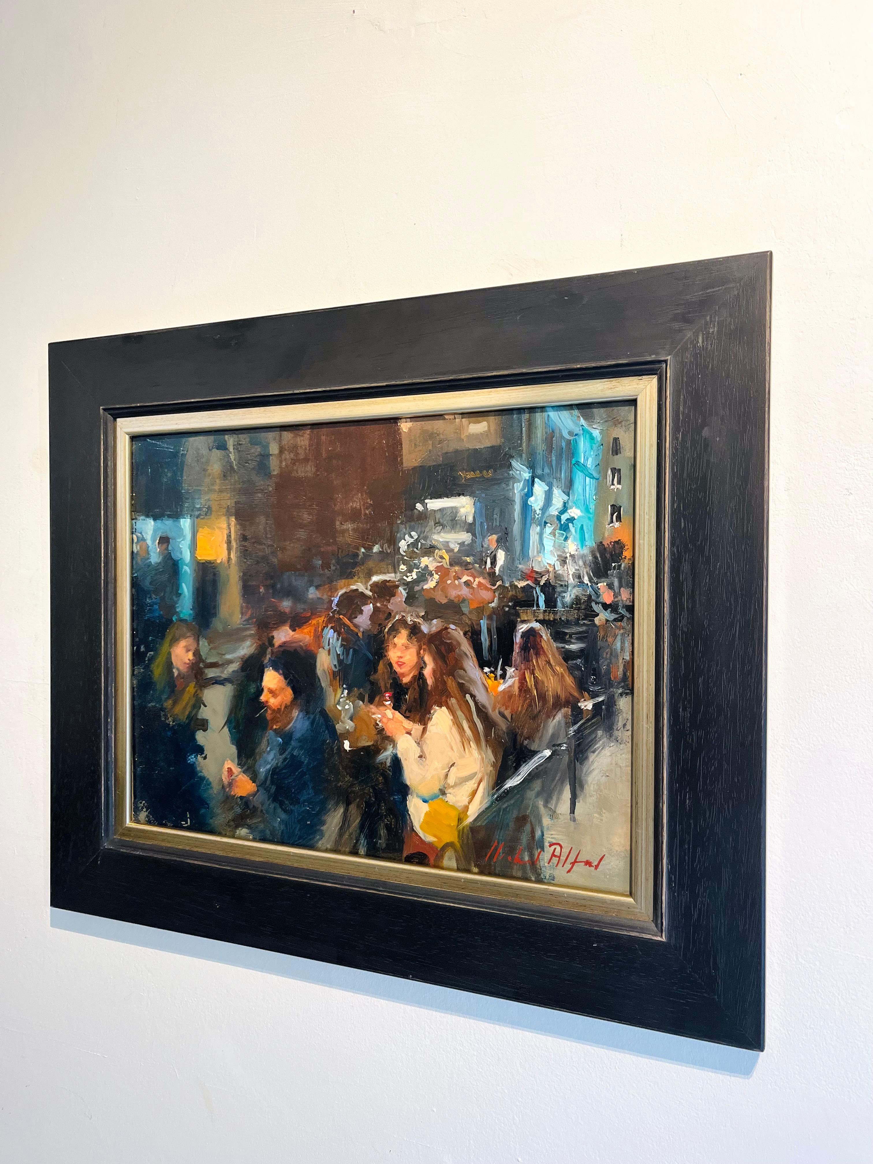 Outside Dining, West End-original impressionism figurative cityscape painting  - Impressionist Painting by Michael Alford