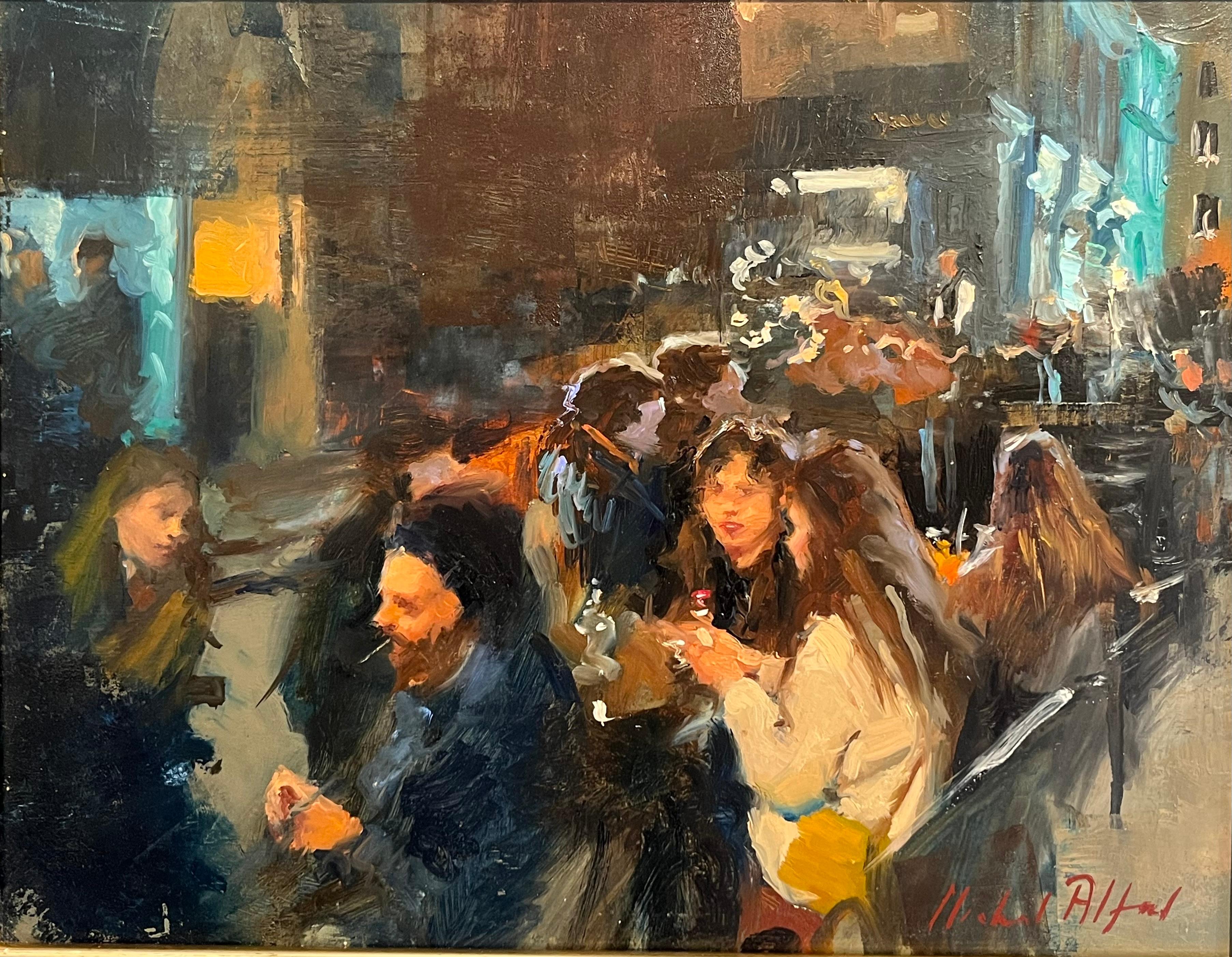 Figurative Painting Michael Alford - Outside Dining, West End-original impressionnisme - peinture figurative de paysage urbain 