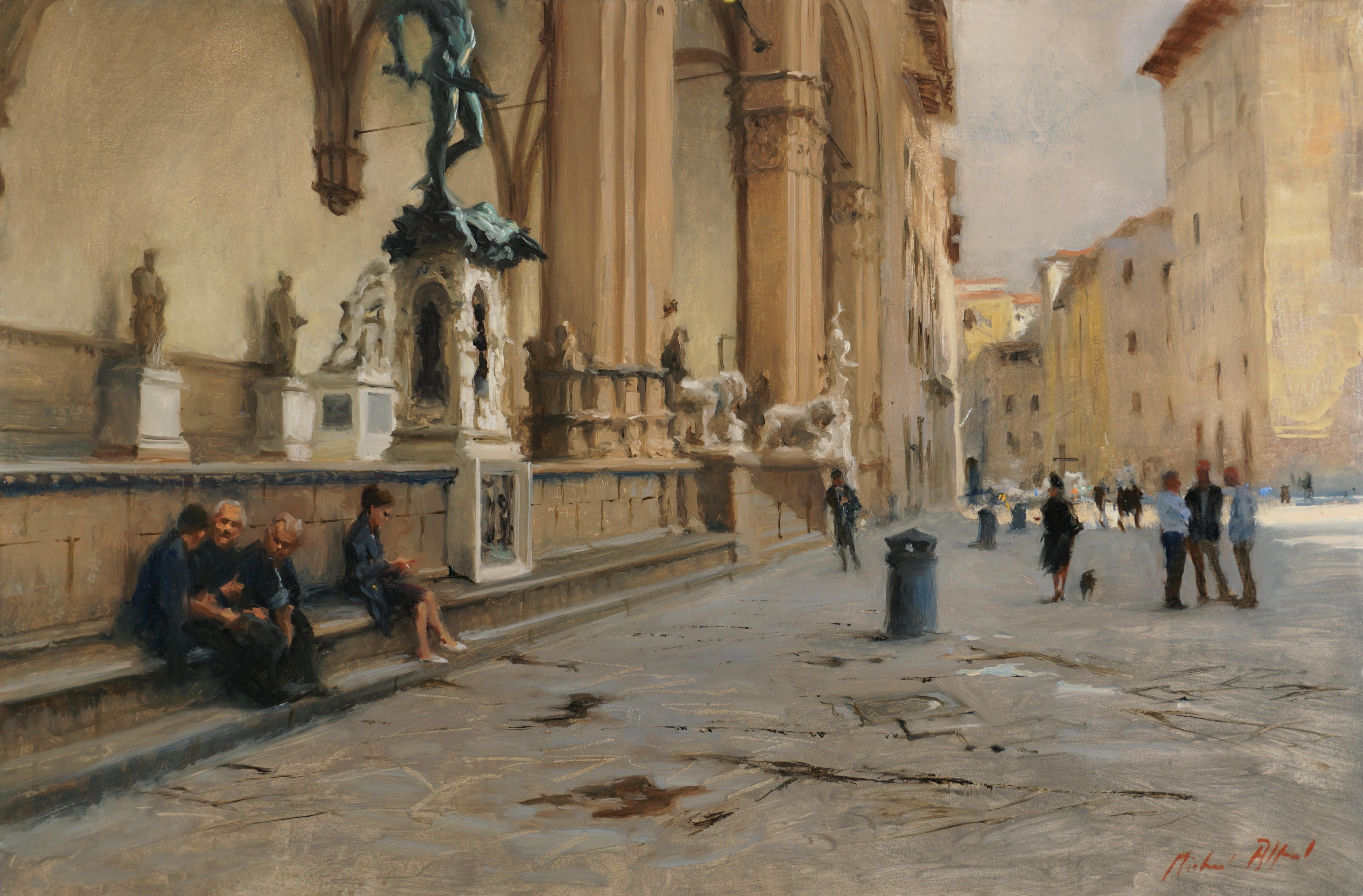 Michael Alford Figurative Painting - Piazza della Signoria (After Rain), Florence II-ORIGINAL cityscape oil painting