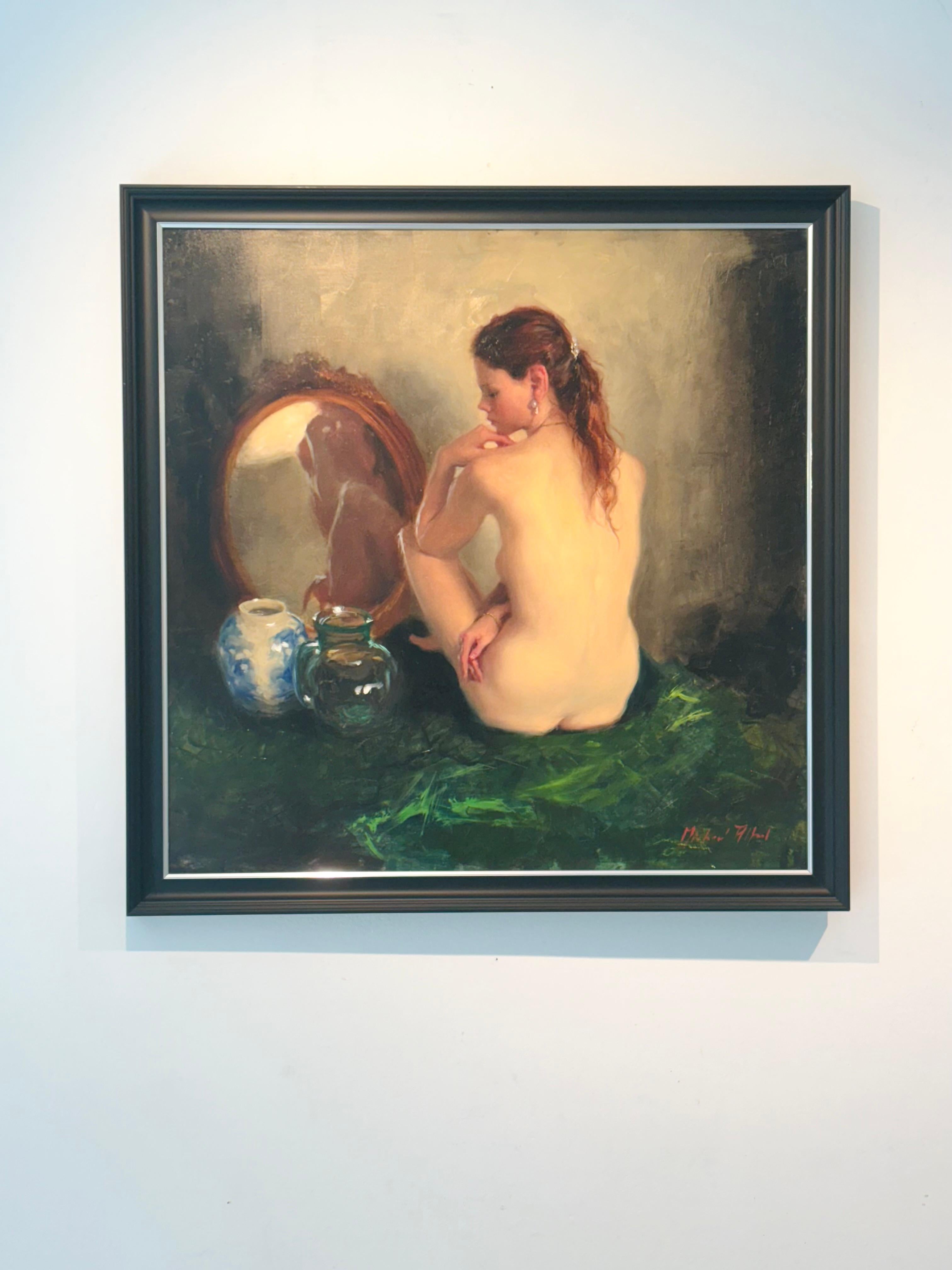Desnudo sentado terciopelo verde-opintura al óleo del impresionismo original-arte contemporáneo - Painting de Michael Alford