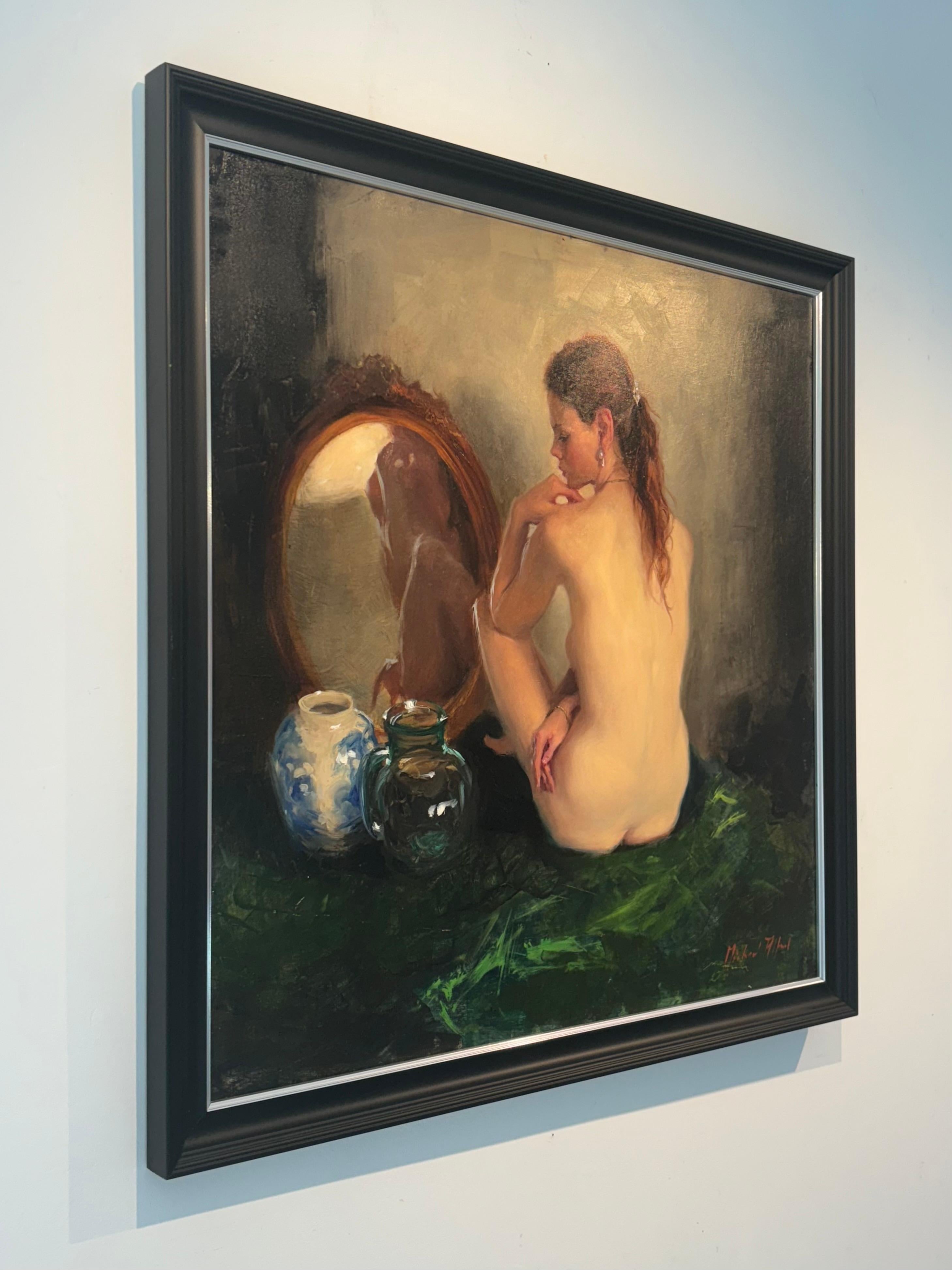 Desnudo sentado terciopelo verde-opintura al óleo del impresionismo original-arte contemporáneo - Painting Impresionista de Michael Alford
