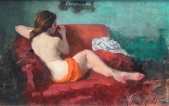 Seated Nude, on Red and Green - female figure nude oil painting Contemporary art