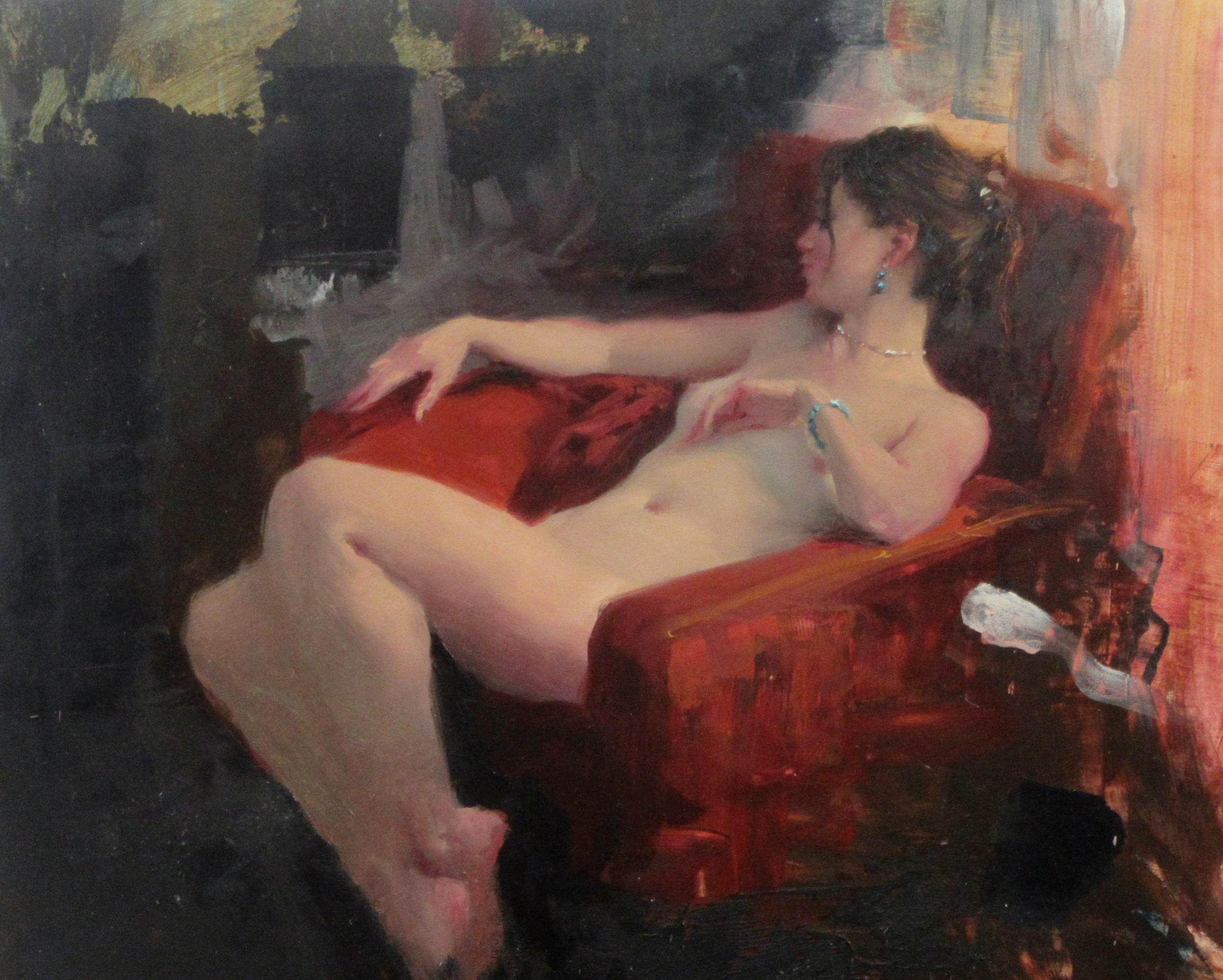 Seated Nude, Red Chair II - Painting by Michael Alford