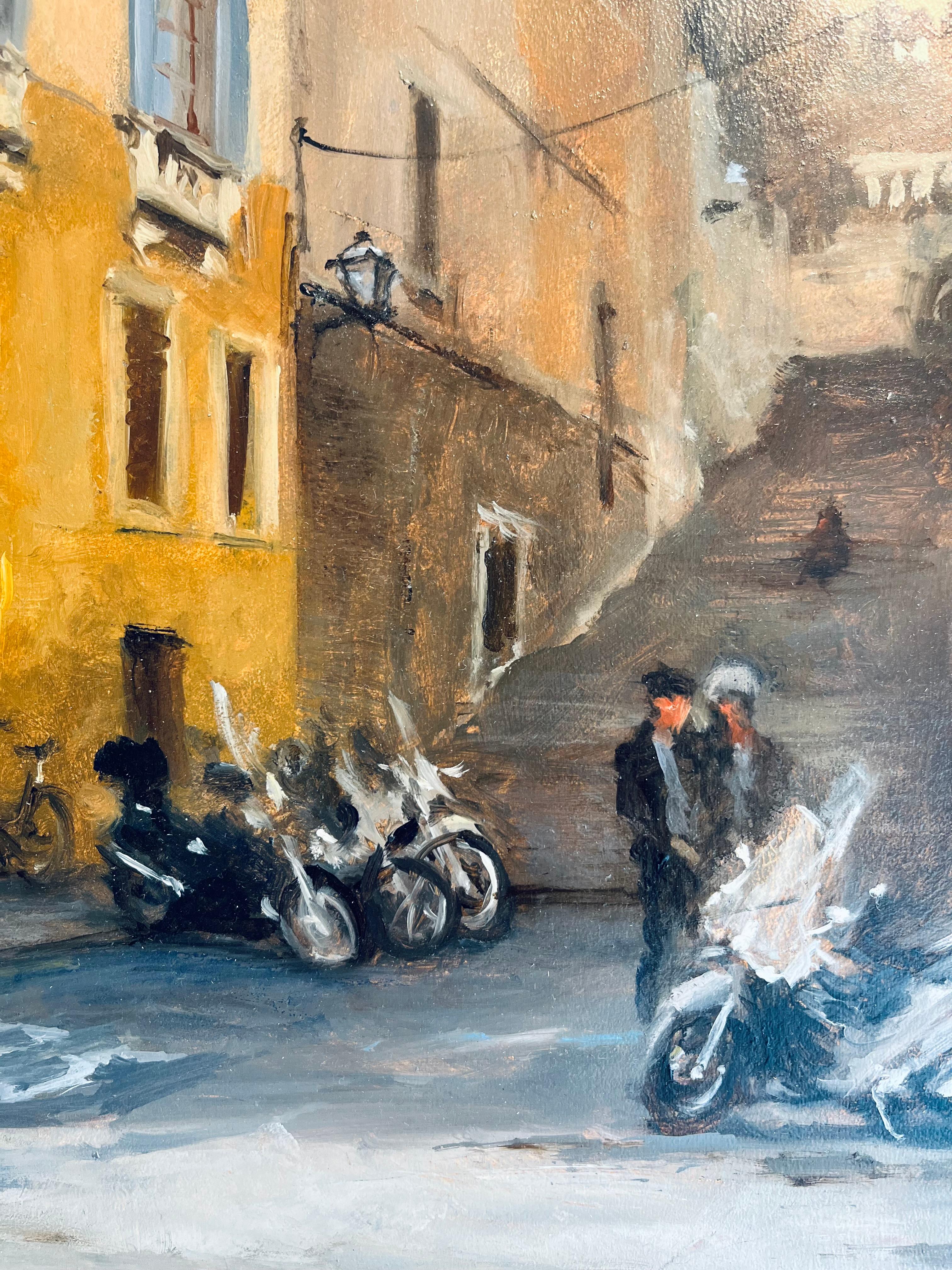 Side Streets Florence-original impressionism cityscape painting-contemporary ART - Brown Landscape Painting by Michael Alford