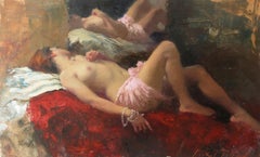Sleeping Nude, Rose & Crimson - nude female figurative oil painting contemporary