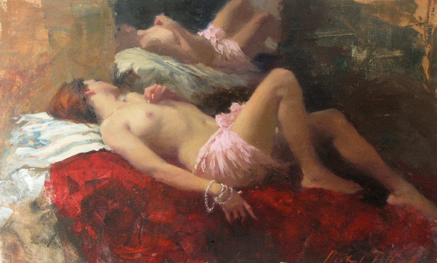 Michael Alford - Sleeping Nude, Rose and Crimson - nude female form  impressionism oil painting art For Sale at 1stDibs