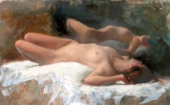 Sleeping Nude Warm Light - female form nude figurative oil painting modern art