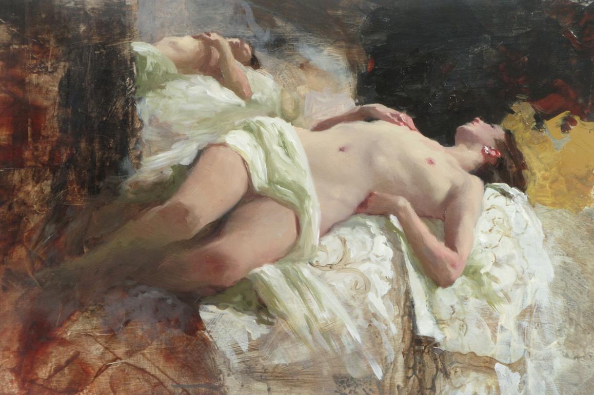 Sleeping Nude, White Fabric - female nude figurative portrait oil Contemporary
