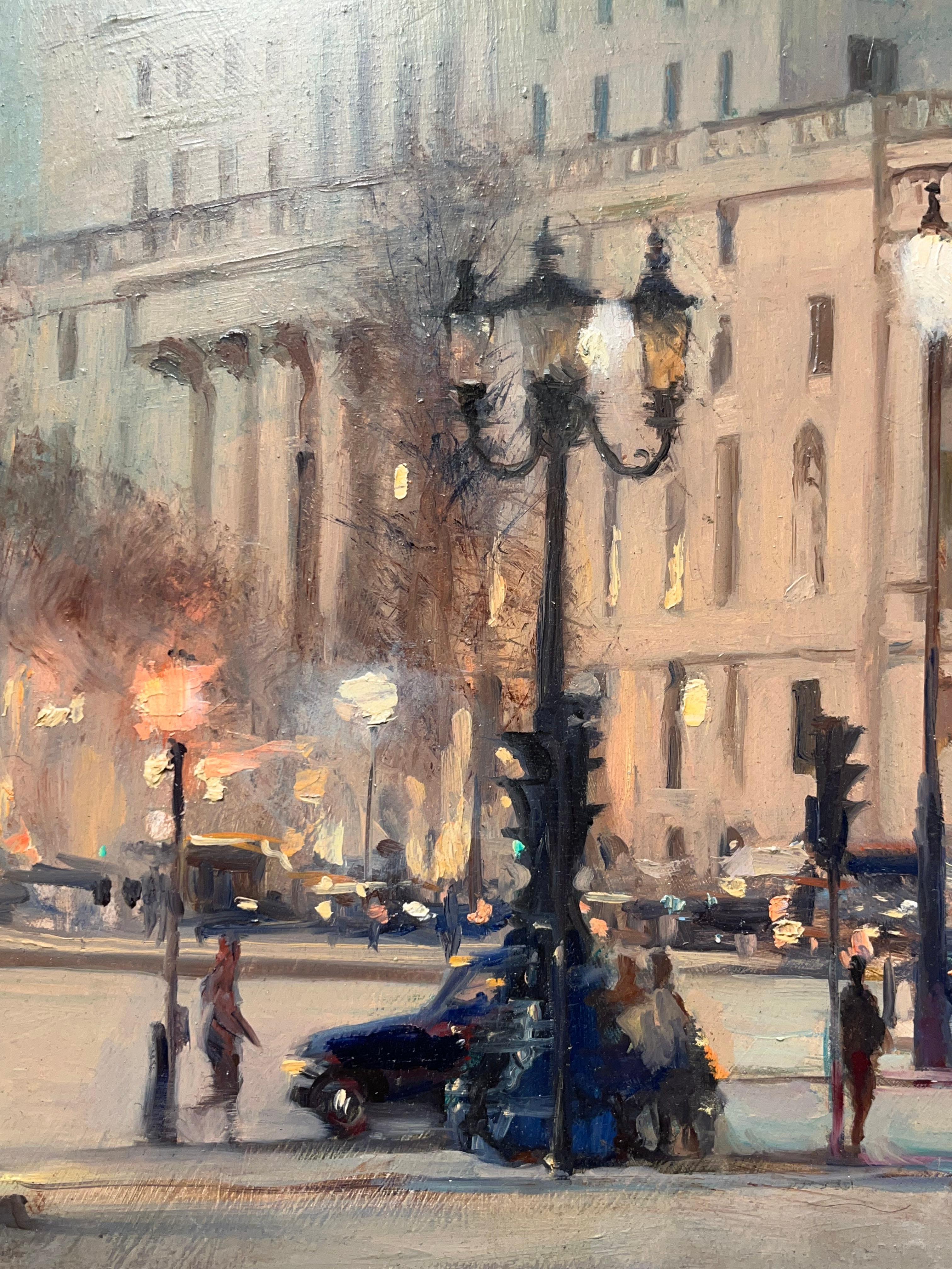 Spring Gardens Trafalgar Square-original impressionism cityscape painting-art - Gray Landscape Painting by Michael Alford
