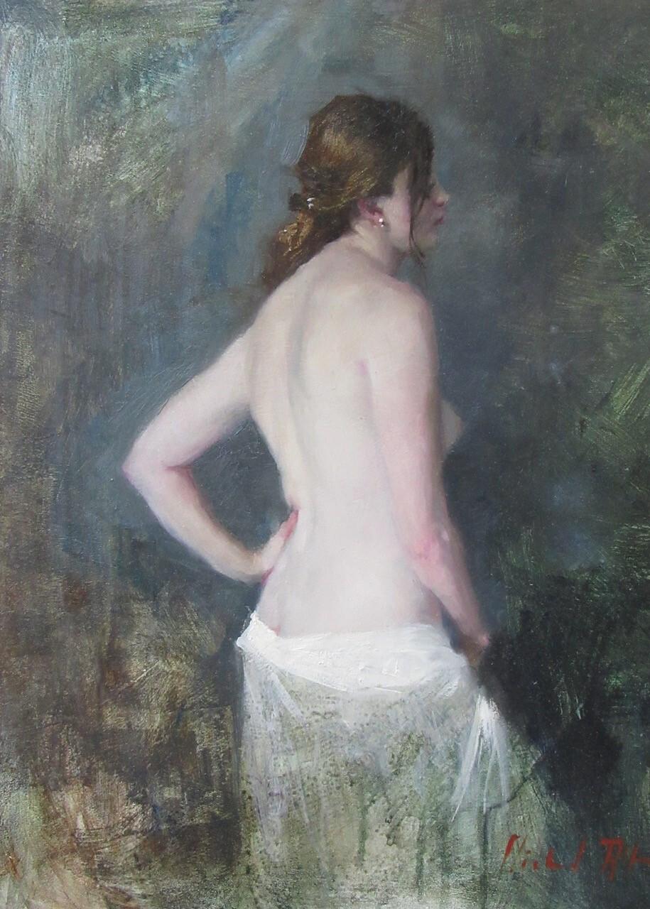 Standing Nude, White Cotton Drape - Painting by Michael Alford