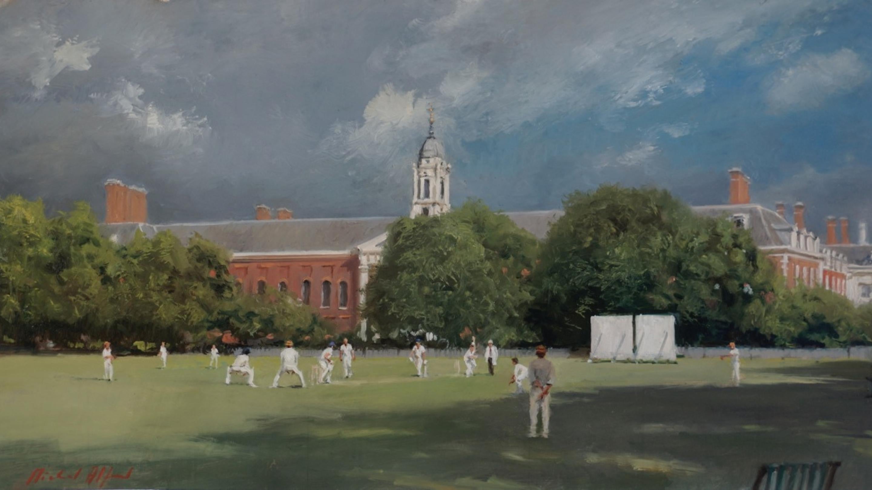 Michael Alford Landscape Painting – The Final Over - Burton Court SW3 - originales zeitgenössisches impressionistisches Gemälde