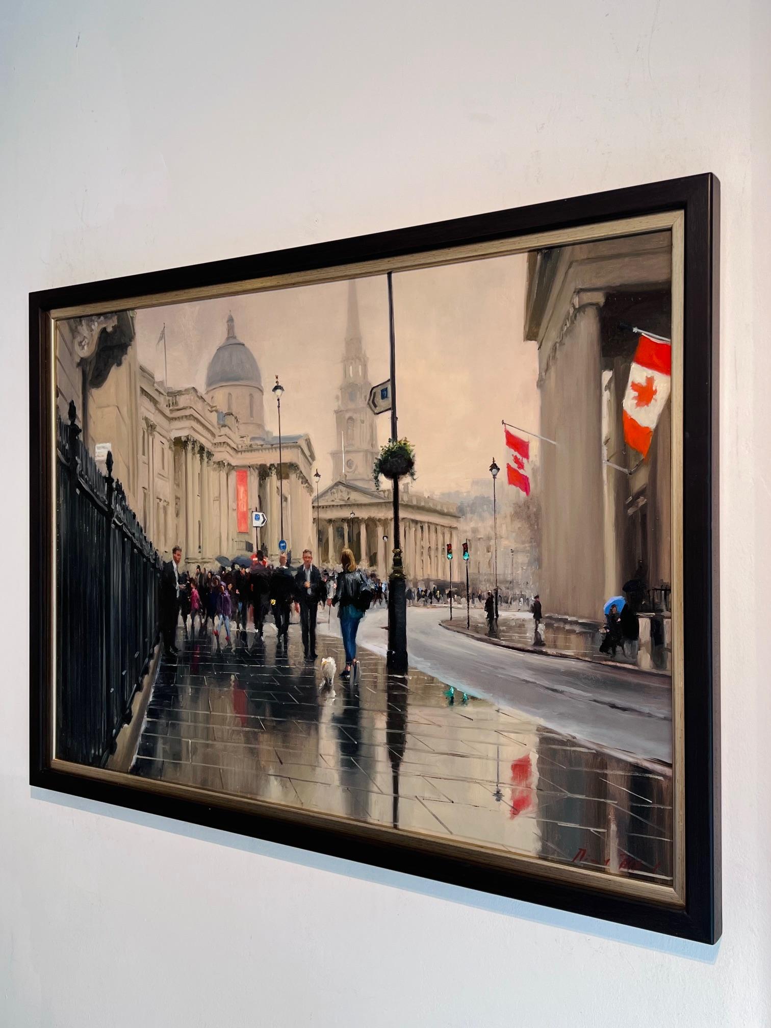 Trafalgar Square, North - peinture à l'huile impressionniste originale - art contemporain - Gris Figurative Painting par Michael Alford