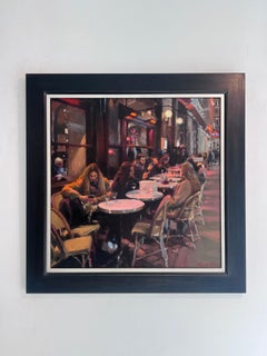 Winter Café, Sloane Square - dipinto ad olio originale dell'impressionismo - Arte contemporanea
