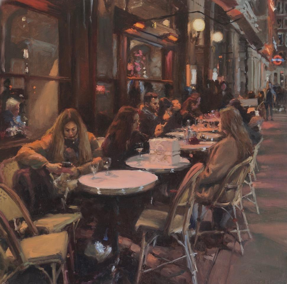 Michael Alford Figurative Painting – Winter Café, Sloane Square- original impressionism oil painting-contemporary Art