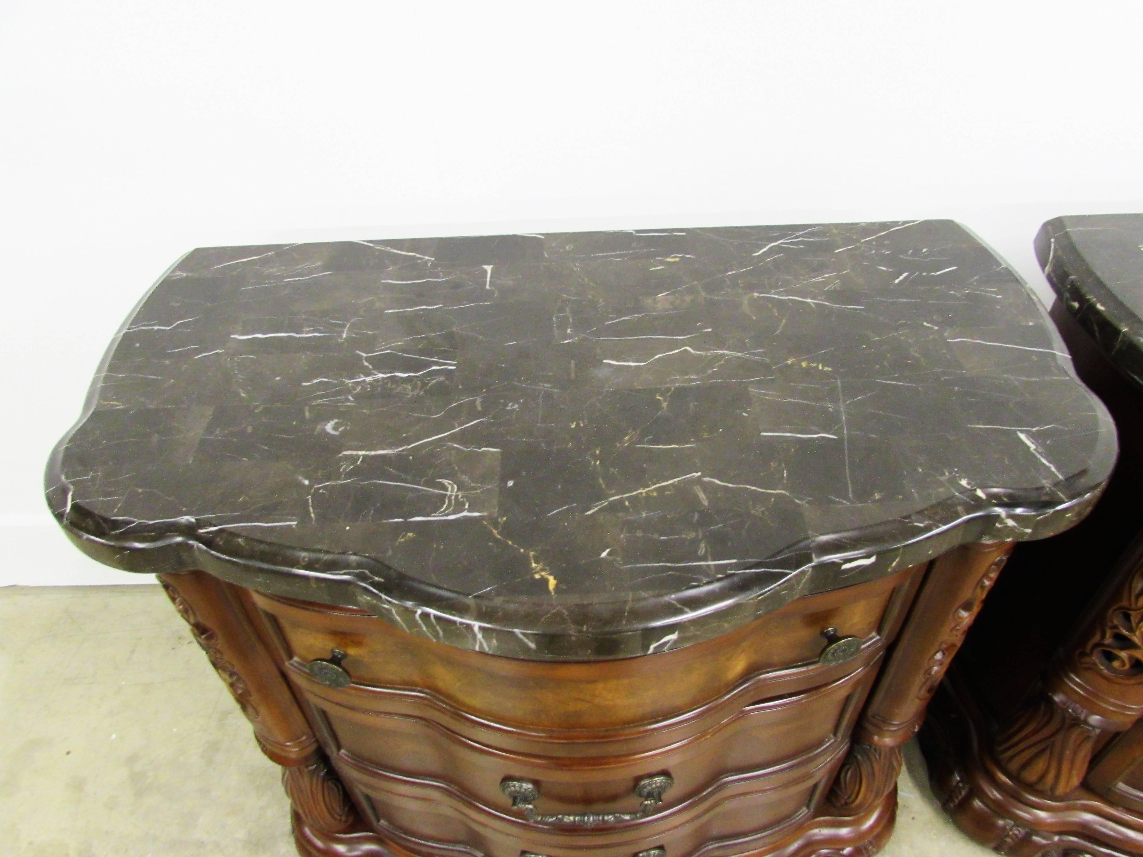 Modern Pair of Michael Amini Bedside Chests with Tessellated Marble For Sale