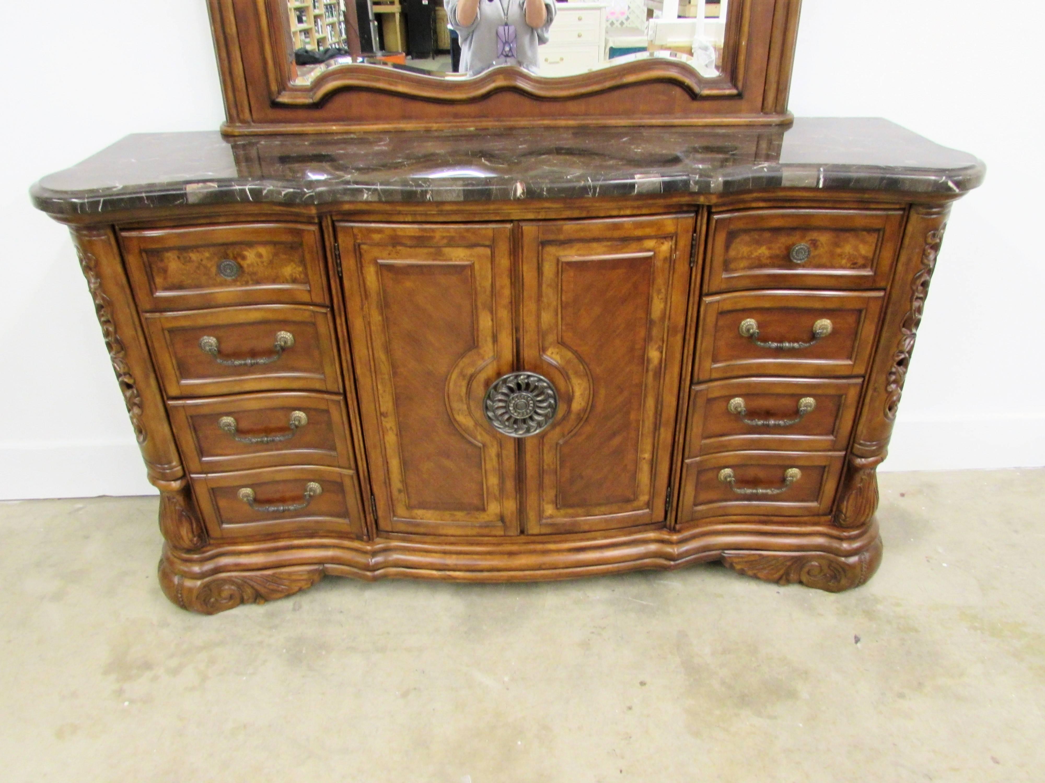American Michael Amini Oversized Credenza with Mirror and Tessellated Marble For Sale