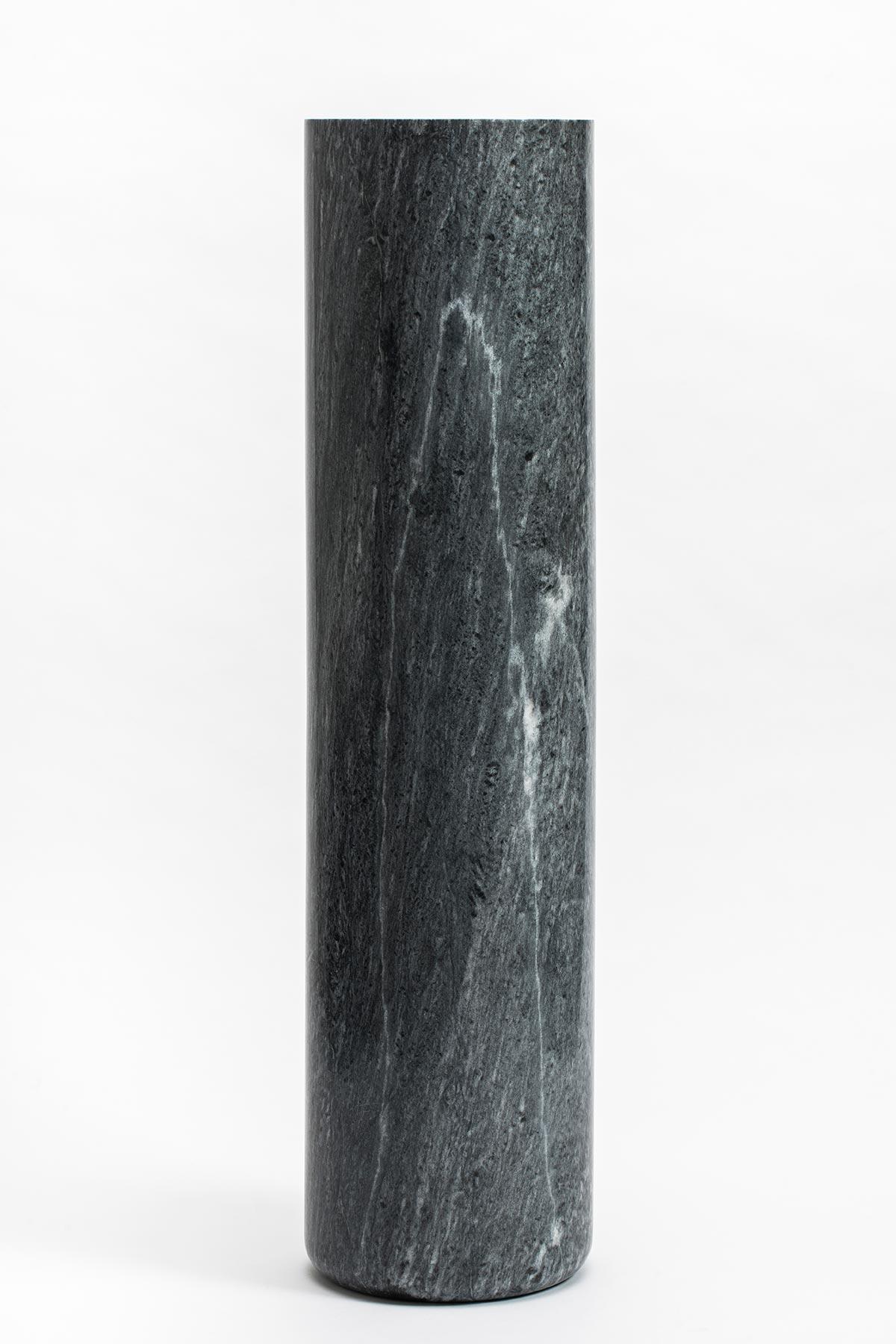 Michael Anastassiades, Forbidden fruit tall vessel, 2017, Pele de Tigre Marble, Rosa sem Veios Marble, 
The pieces of the Forbidden Fruit series explore the idea of variation between the interior and exterior of objects. These pieces are inspired