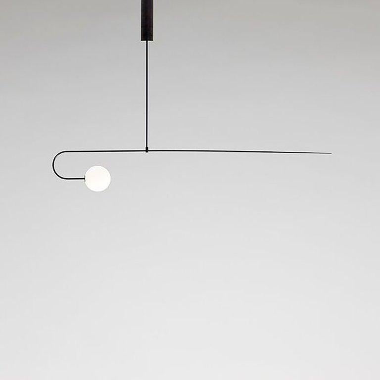 Mobile Chandelier 8
Manufactured by Michael Anastassiades
London, 2015
Black patinated brass, mouth blown opaline spheres

Measurements:
163 cm x 24.9 H cm + Pendant rod length to order
64.8 in x 9.8 H in + Pendant rod length to