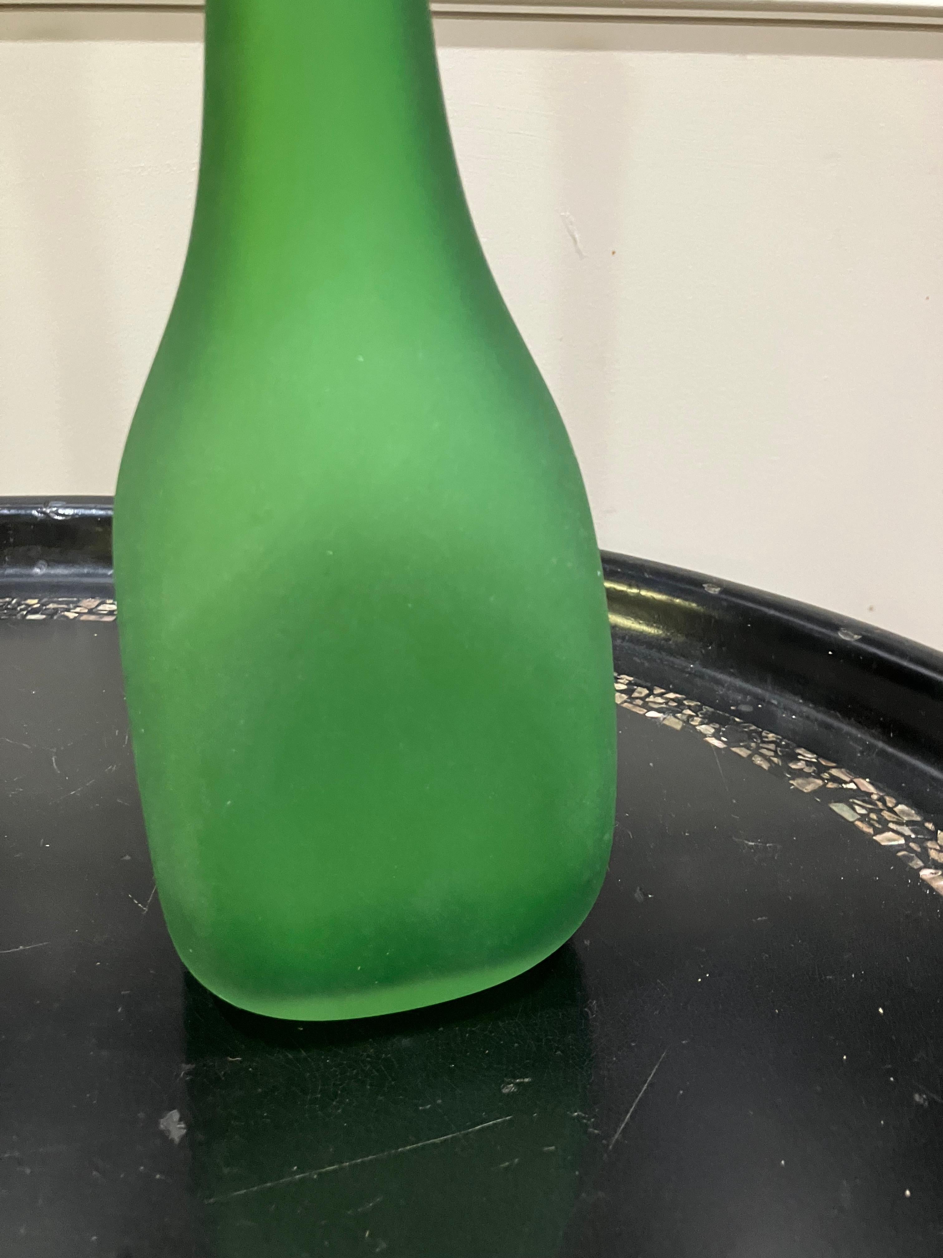 Blown Glass Michael Anchen Hand-Blown Long Neck Green Bottle For Sale