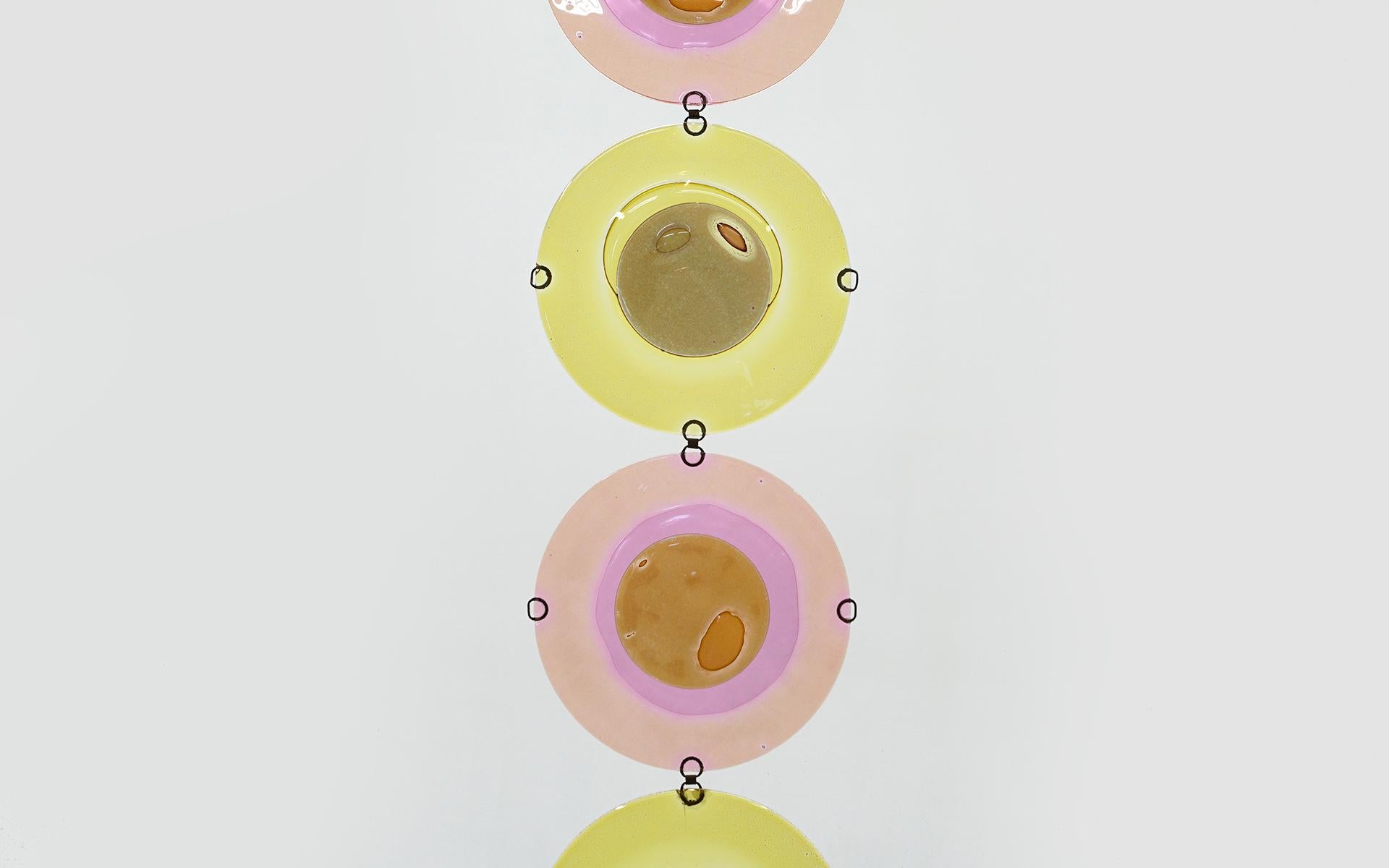 Mid-Century Modern Michael and Frances Large Glass Rondelay Mobile / Hanging in Pinks and Yellows For Sale