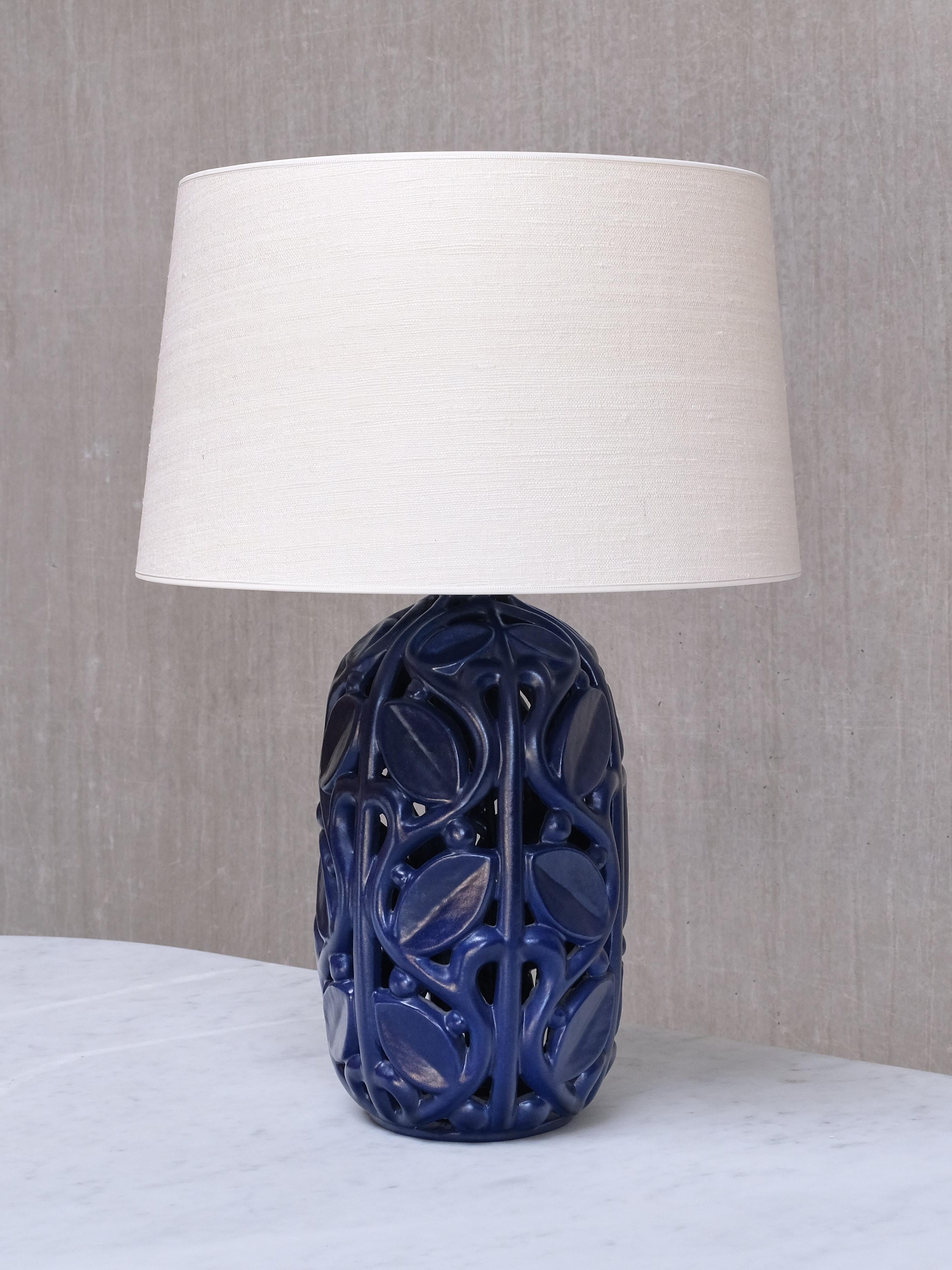 Michael Andersen Blue Ceramic Table Lamp with Botanical Openwork Relief, 1940s For Sale 3
