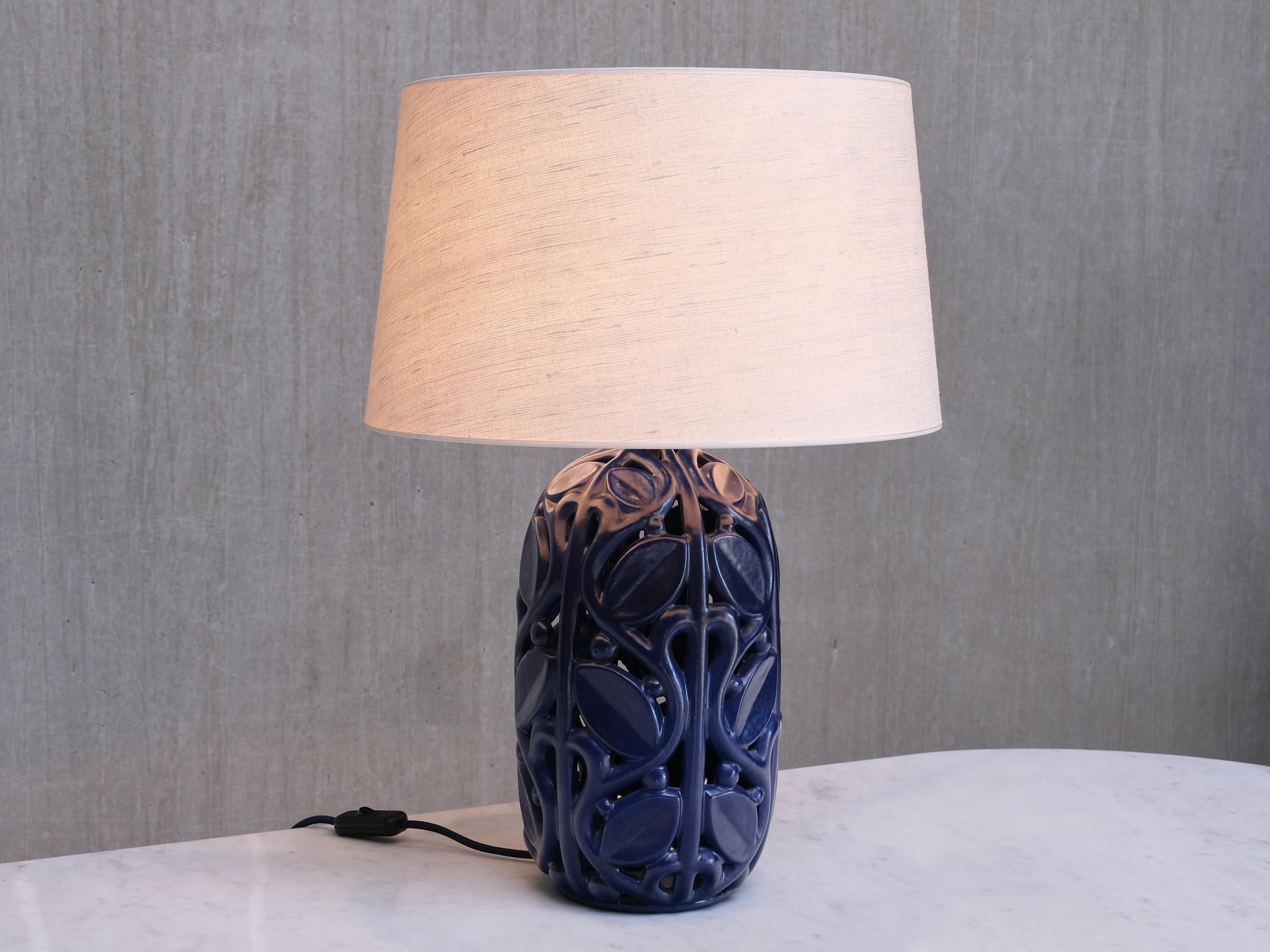 Michael Andersen Blue Ceramic Table Lamp with Botanical Openwork Relief, 1940s For Sale 4