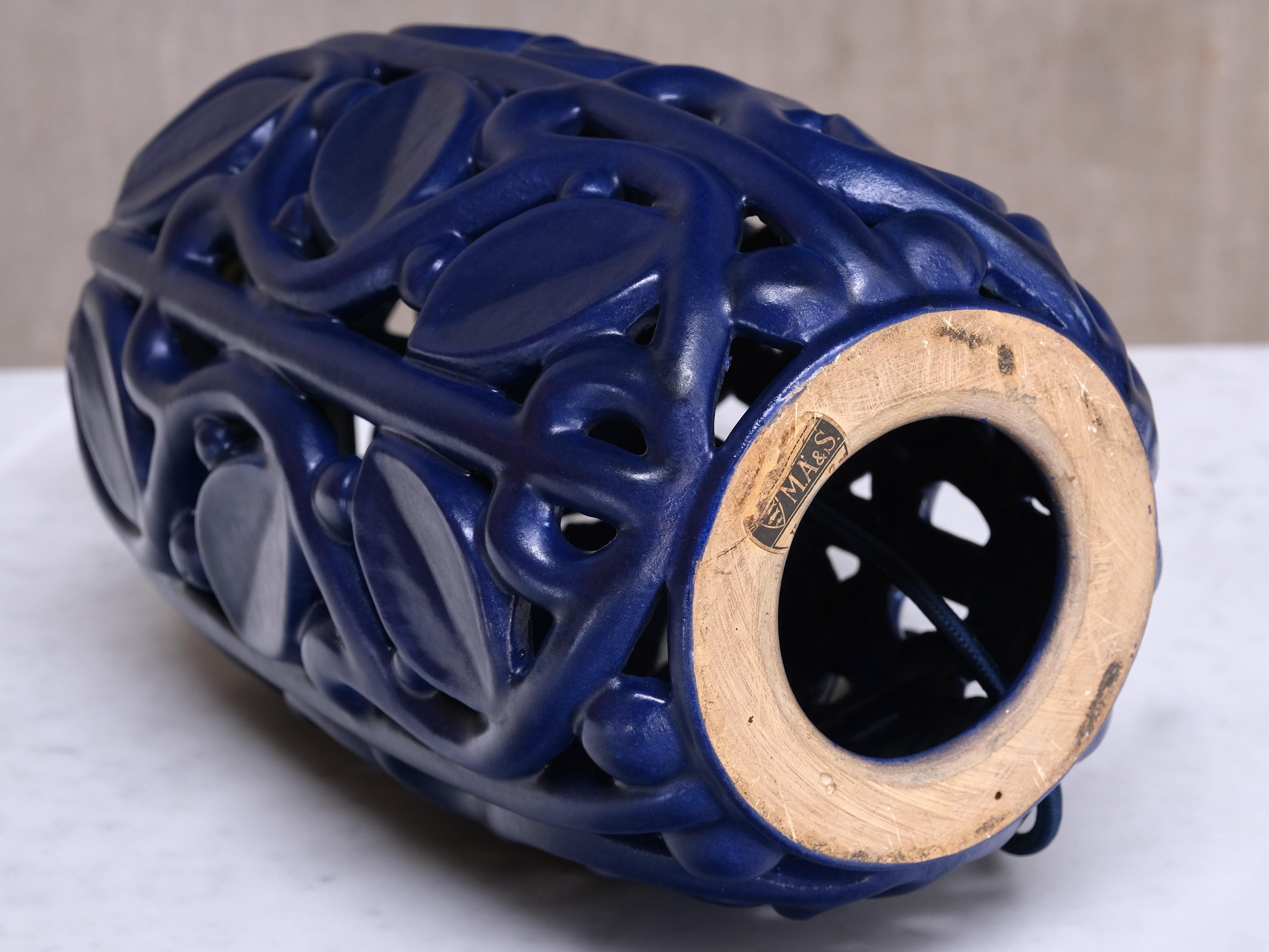 Michael Andersen Blue Ceramic Table Lamp with Botanical Openwork Relief, 1940s For Sale 6