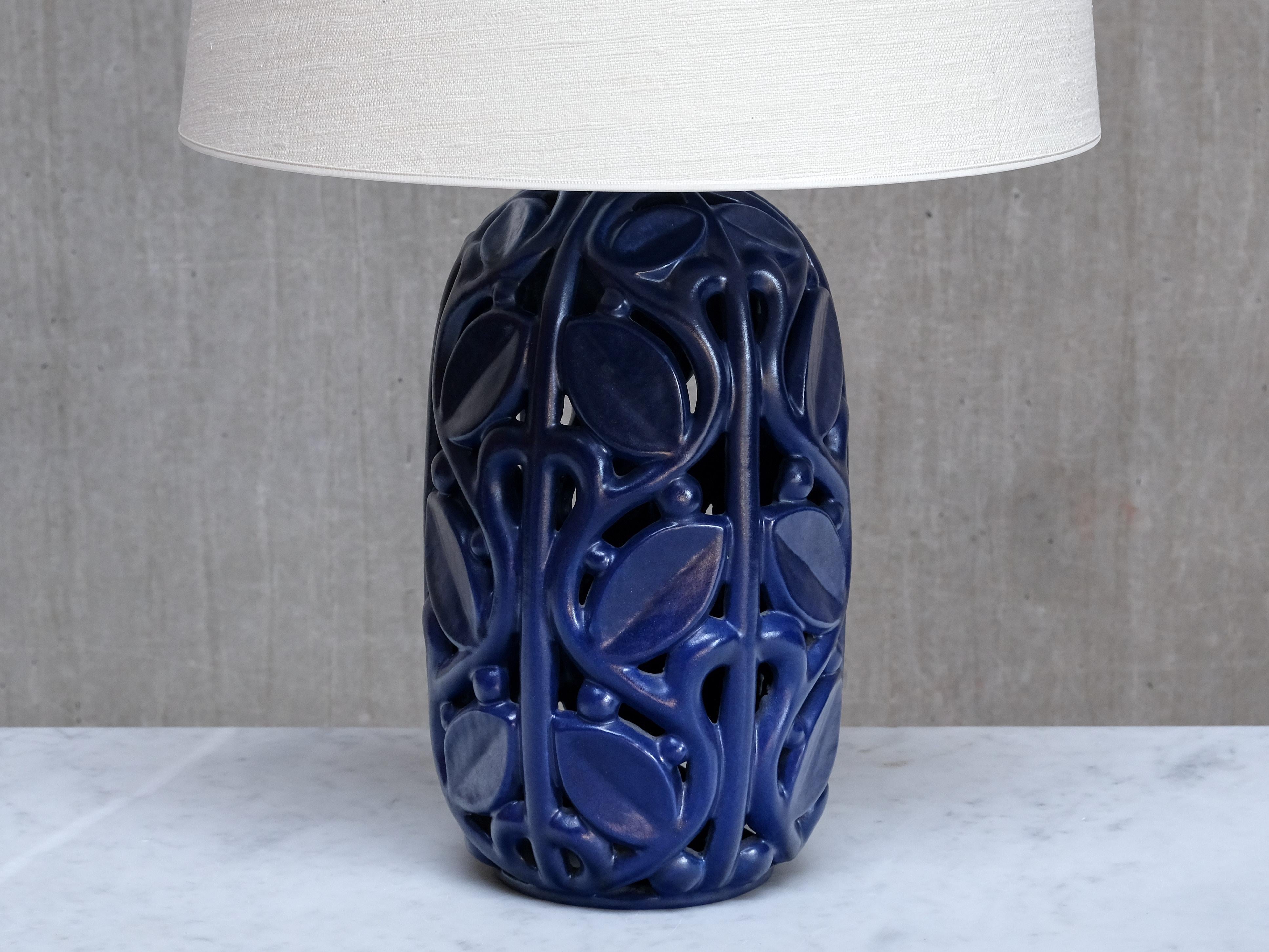 Danish Michael Andersen Blue Ceramic Table Lamp with Botanical Openwork Relief, 1940s For Sale